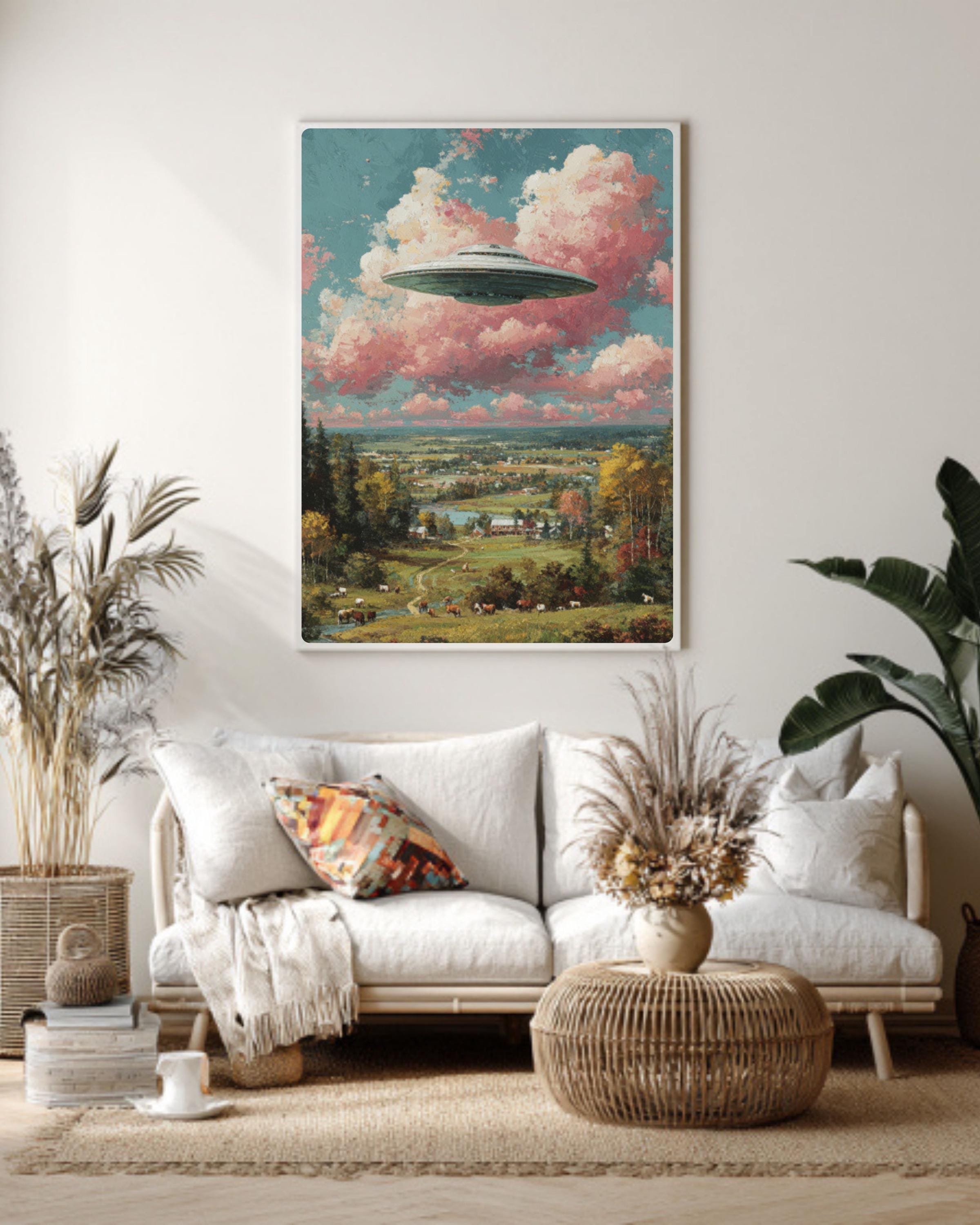 Pastel UFO Painting â€“ Surreal Farmland, Cows & Pink Clouds Wall Art Canvas Wall Art Print – Premium Home Decor