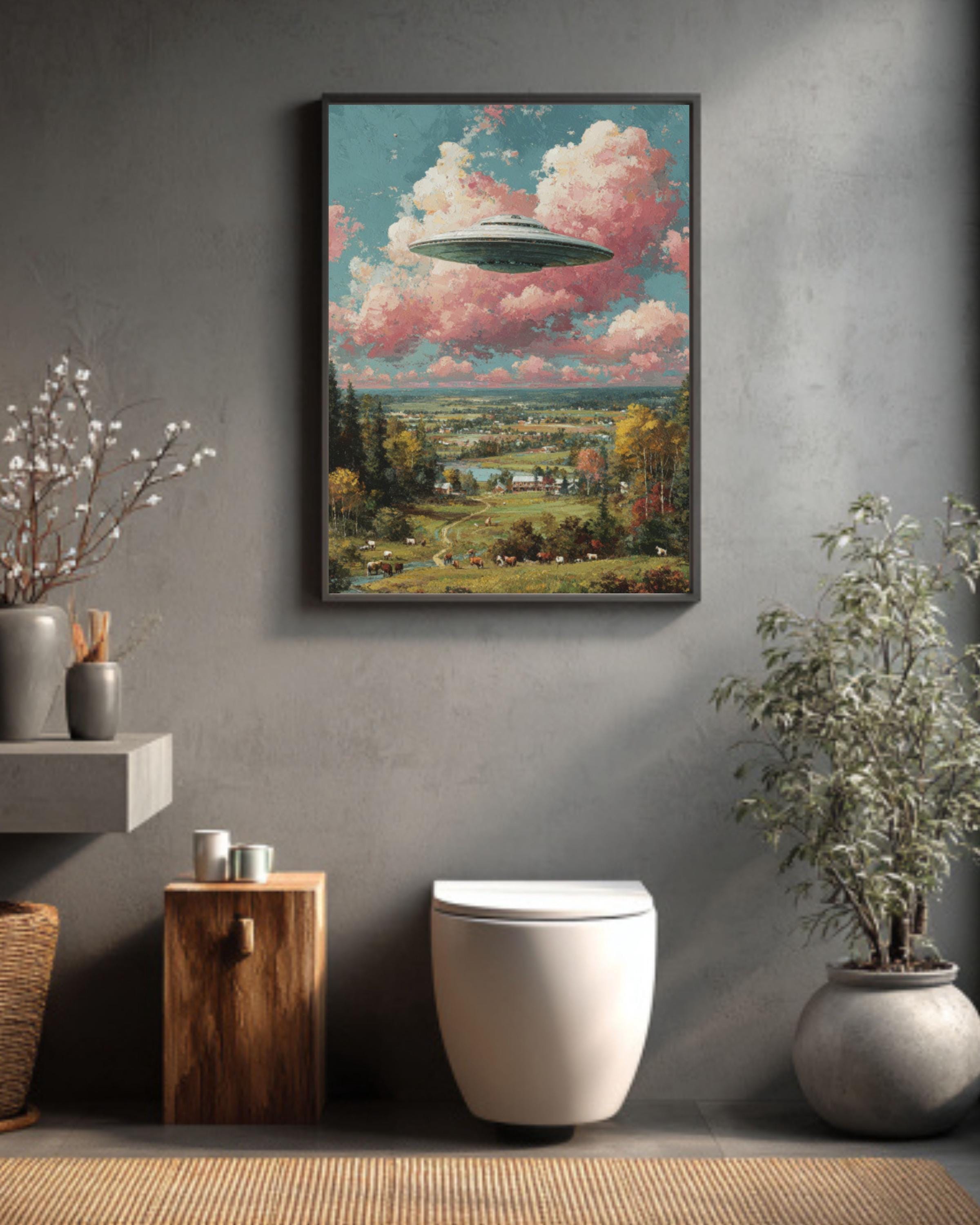 Pastel UFO Painting â€“ Surreal Farmland, Cows & Pink Clouds Wall Art Canvas Wall Art Print – Premium Home Decor