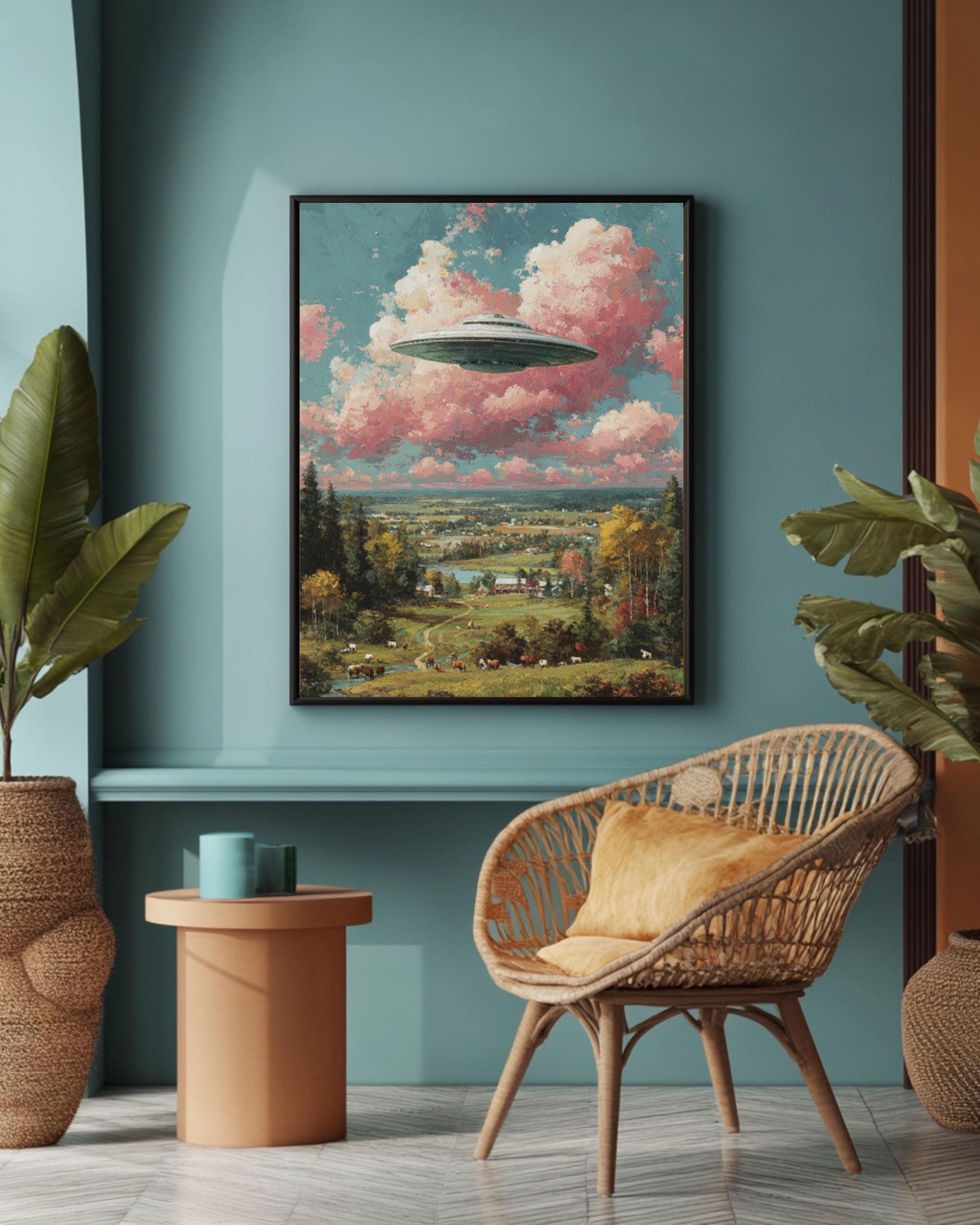Pastel UFO Painting â€“ Surreal Farmland, Cows & Pink Clouds Wall Art Canvas Wall Art Print – Premium Home Decor
