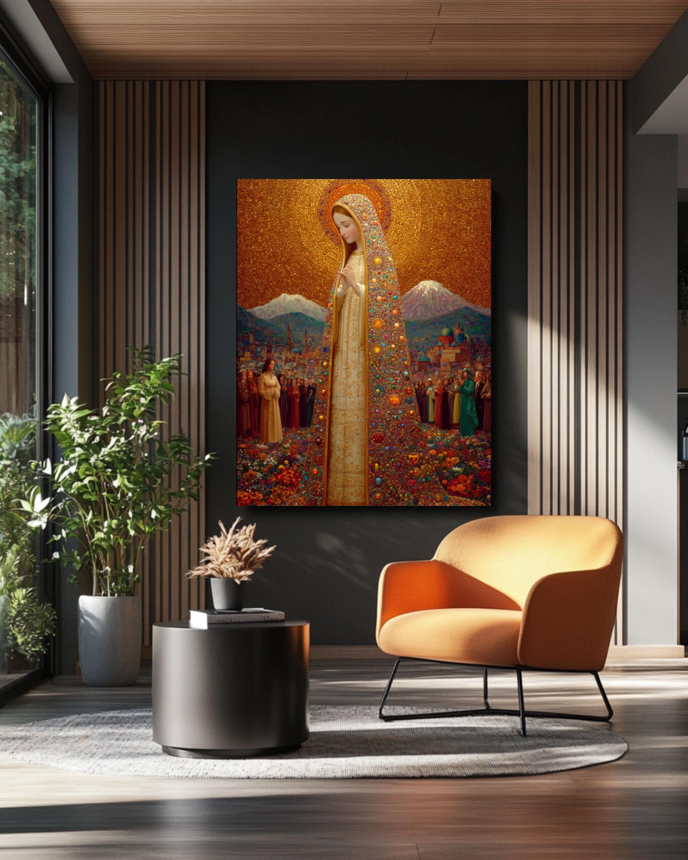 Virgin Mary Gold Halo Wall Art – Klimt-Inspired Religious Portrait Print