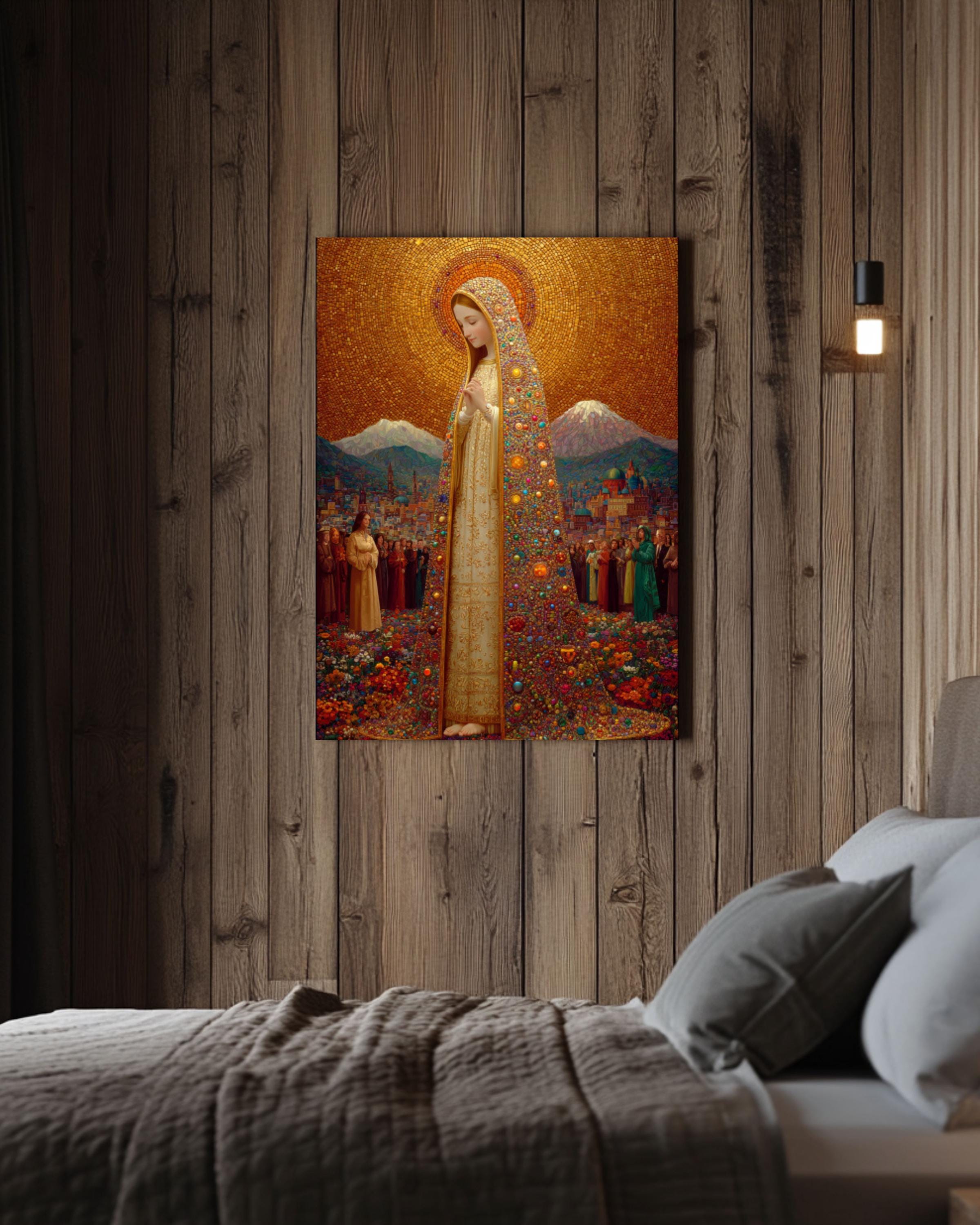 Virgin Mary Gold Halo Wall Art – Klimt-Inspired Religious Portrait Print