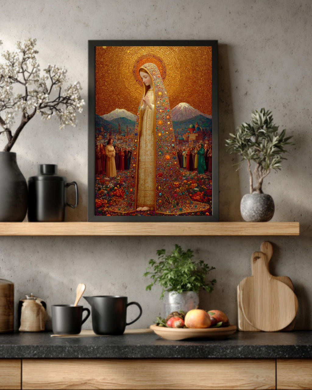 Virgin Mary Gold Halo Wall Art – Klimt-Inspired Religious Portrait Print