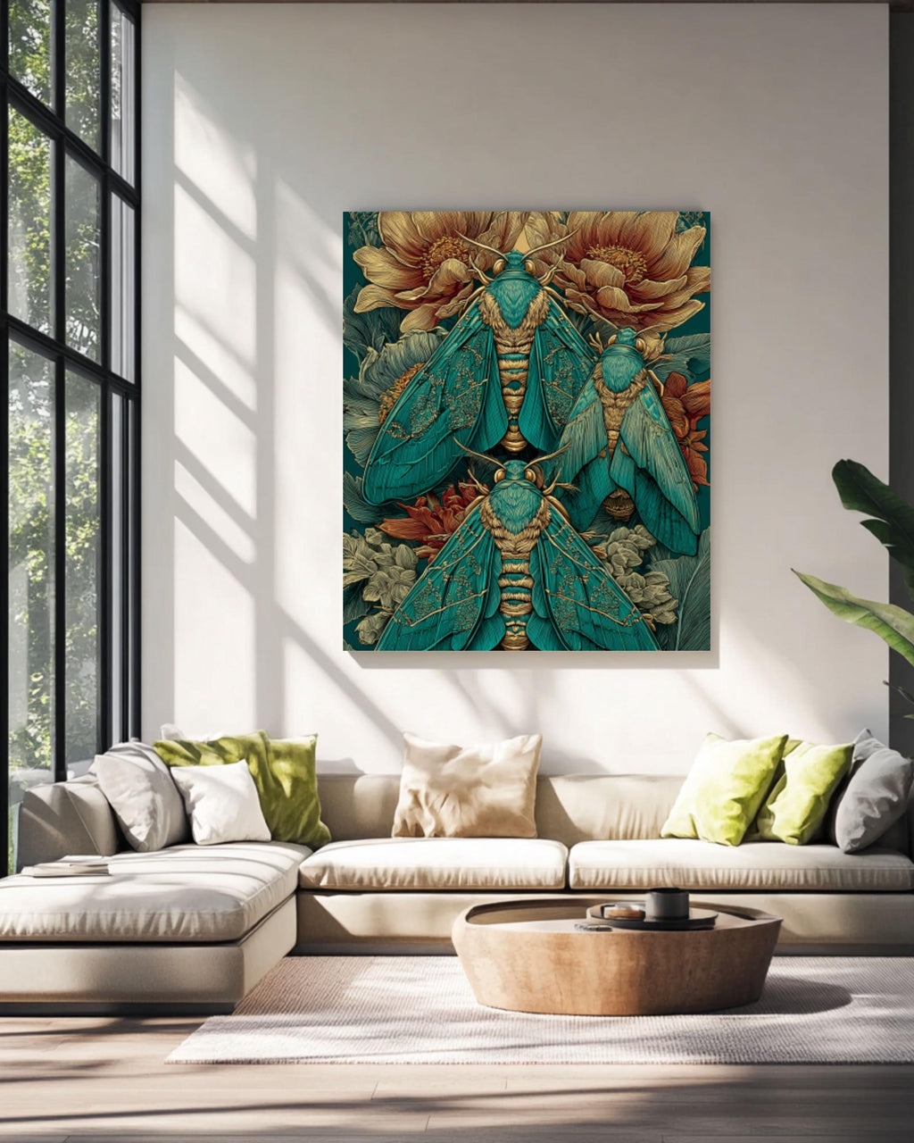 Victorian Moth Art Print â€“ Green & Gold Falero Style, Vintage Botanical Canvas Wall Art Print – Premium Home Decor