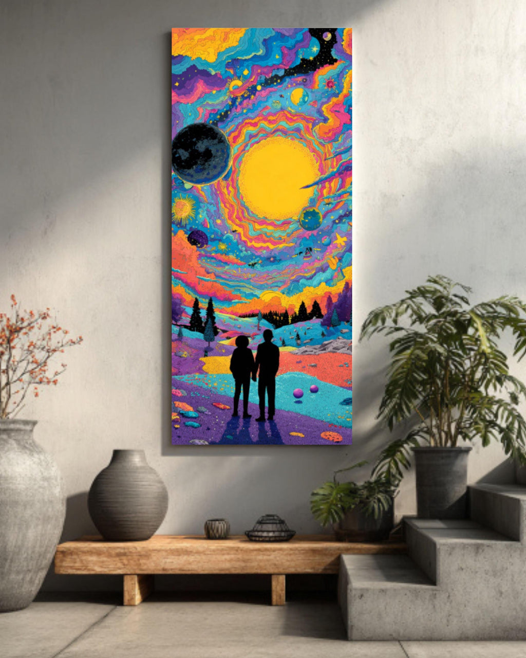 Psychedelic Alien Moon Meeting Canvas Art – Colorful Sci-Fi Wall Decor
