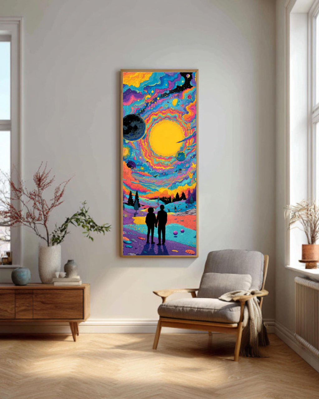 Psychedelic Alien Moon Meeting Canvas Art – Colorful Sci-Fi Wall Decor