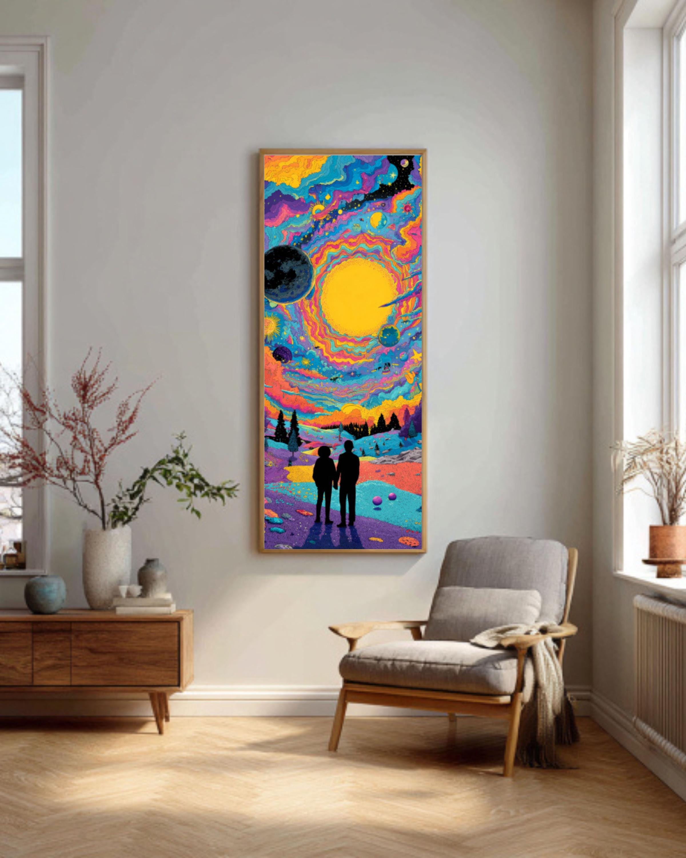Psychedelic Alien Moon Meeting Canvas Art – Colorful Sci-Fi Wall Decor