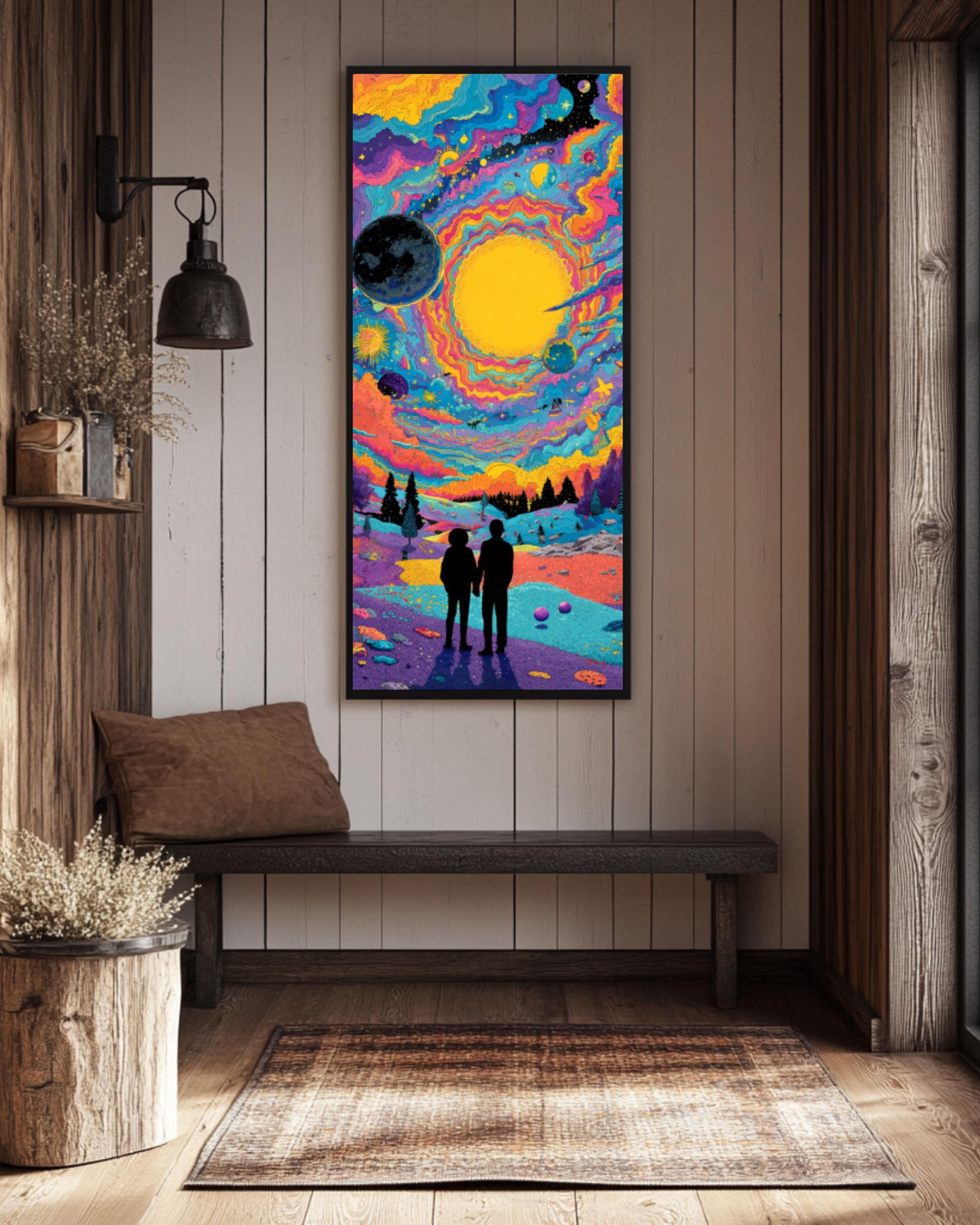 Psychedelic Alien Moon Meeting Canvas Art – Colorful Sci-Fi Wall Decor