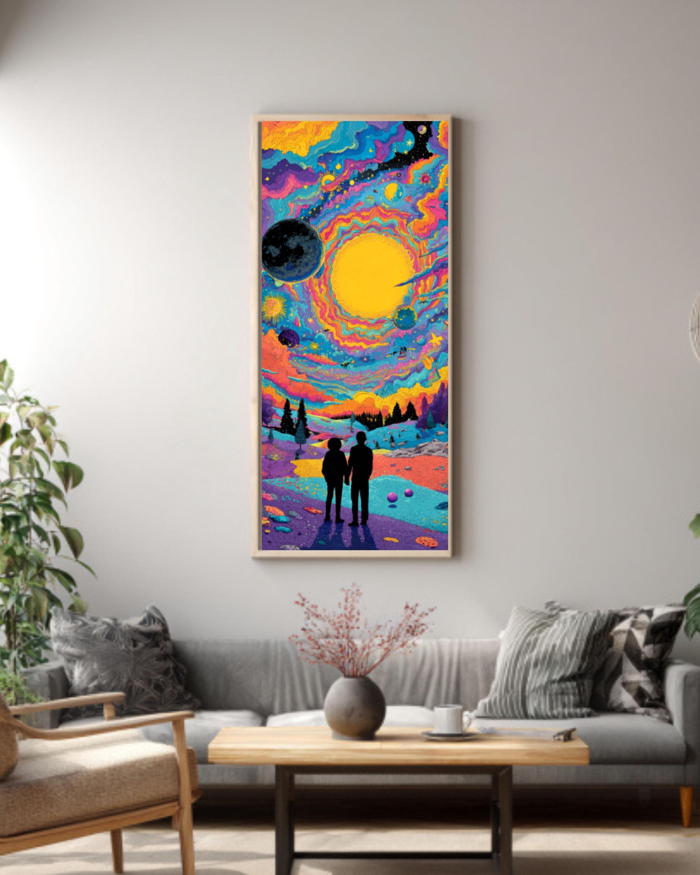 Psychedelic Alien Moon Meeting Canvas Art – Colorful Sci-Fi Wall Decor