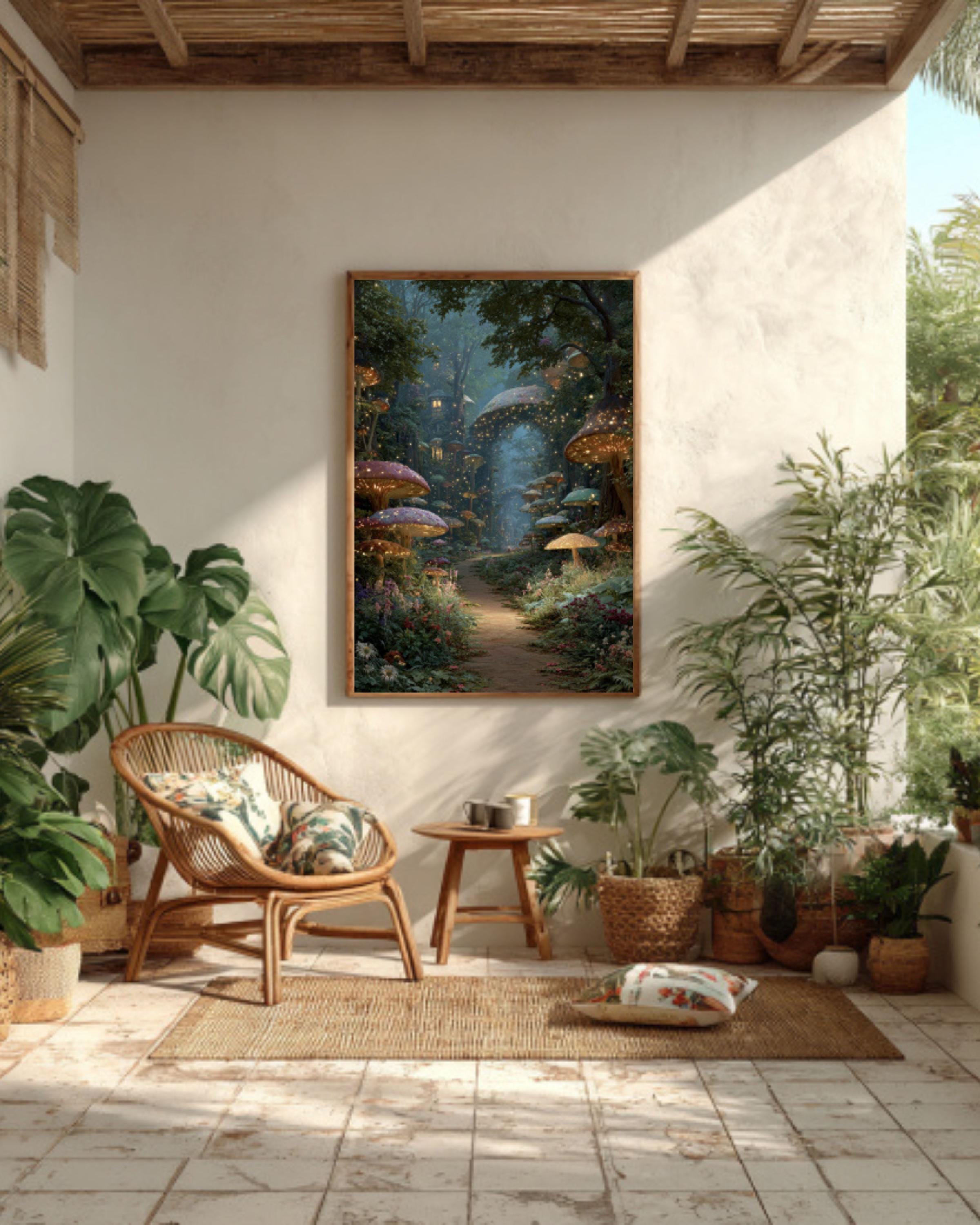 Enchanted Forest Path Wall Art – Glowing Mushrooms Fairy Village Print