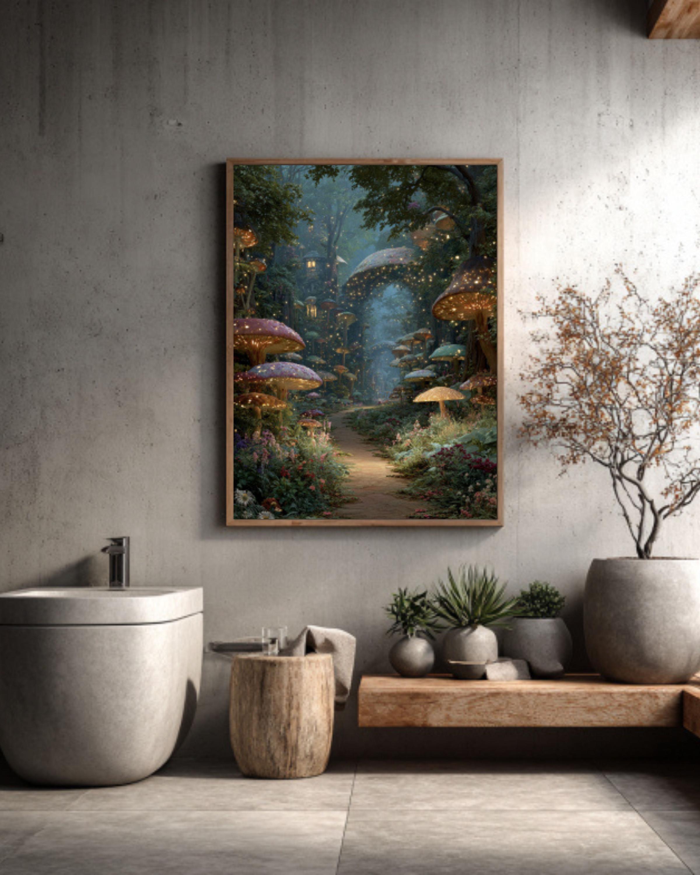 Enchanted Forest Path Wall Art – Glowing Mushrooms Fairy Village Print