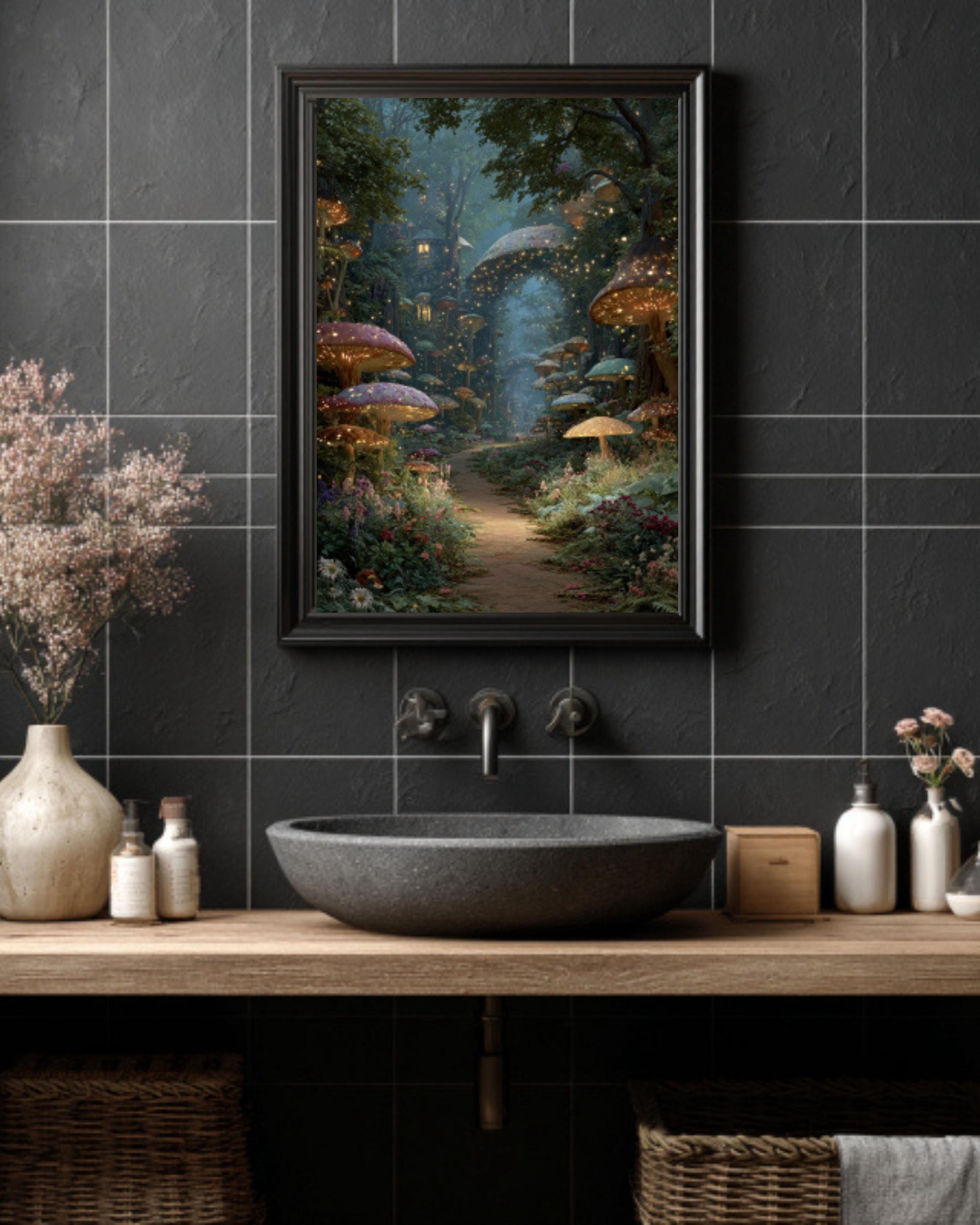 Enchanted Forest Path Wall Art – Glowing Mushrooms Fairy Village Print