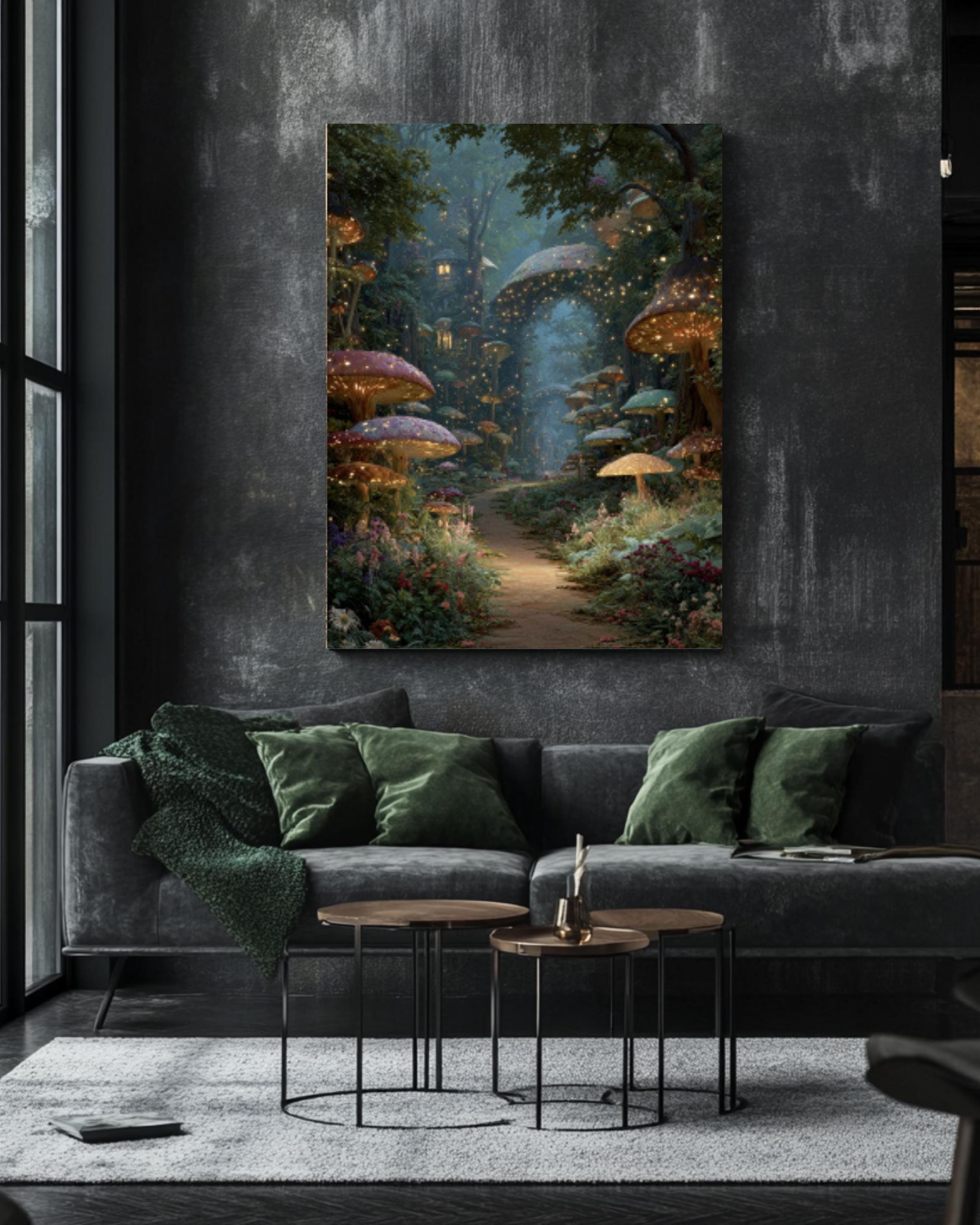 Enchanted Forest Path Wall Art – Glowing Mushrooms Fairy Village Print