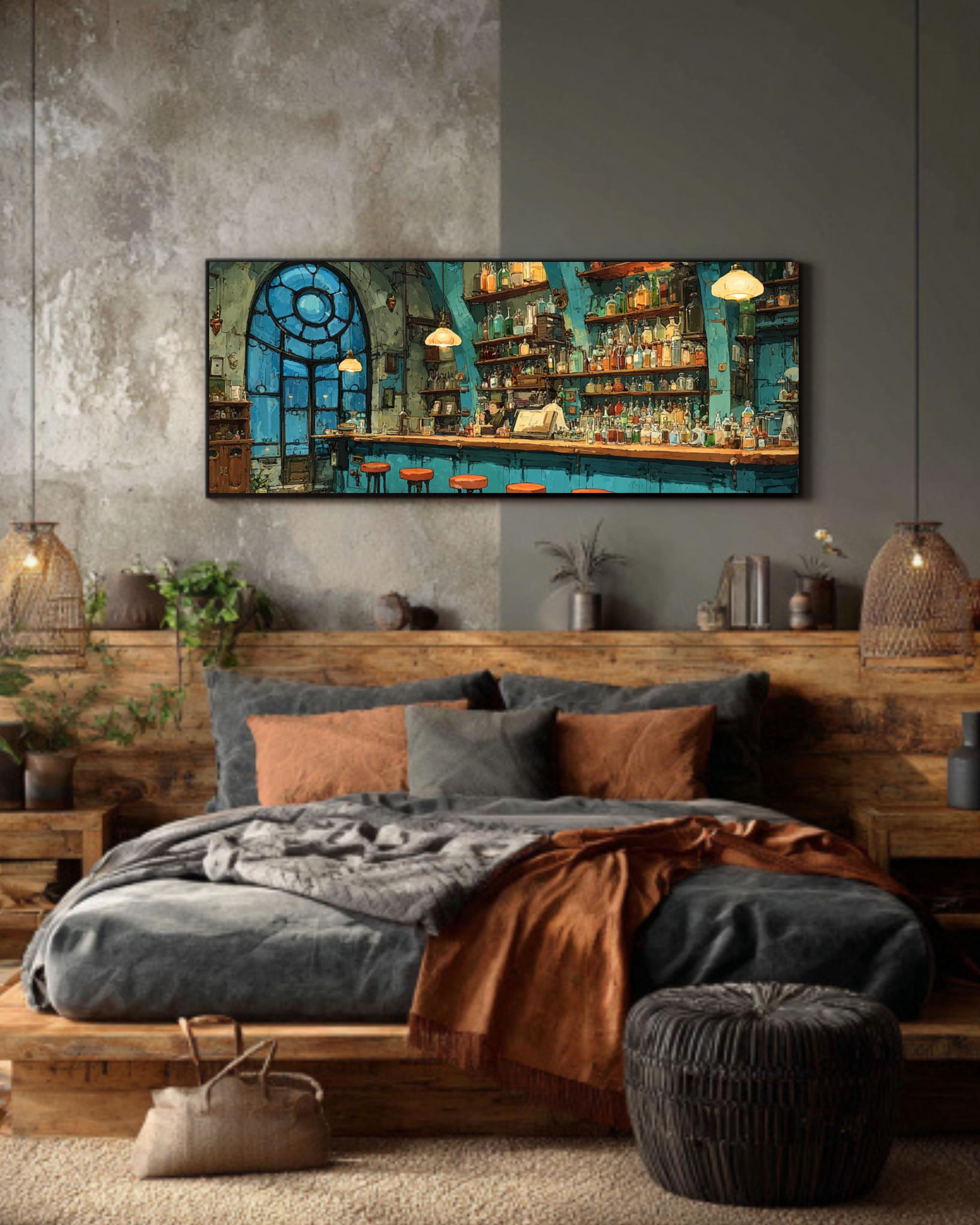Steampunk Bar Canvas Wall Art – Colorful Bottles Fantasy Interior