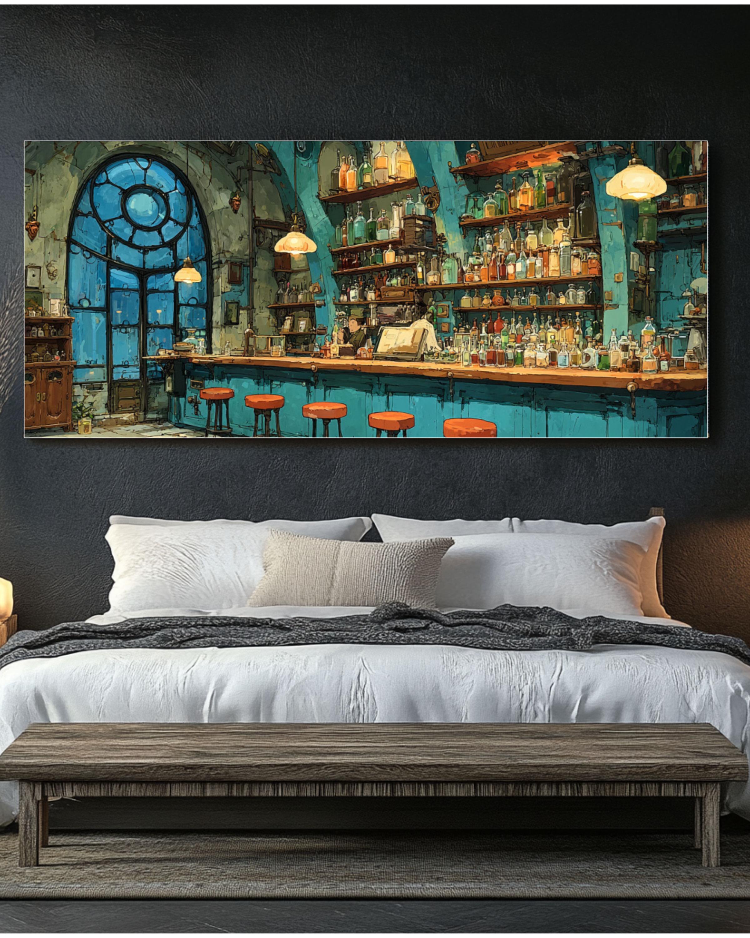 Steampunk Bar Canvas Wall Art – Colorful Bottles Fantasy Interior
