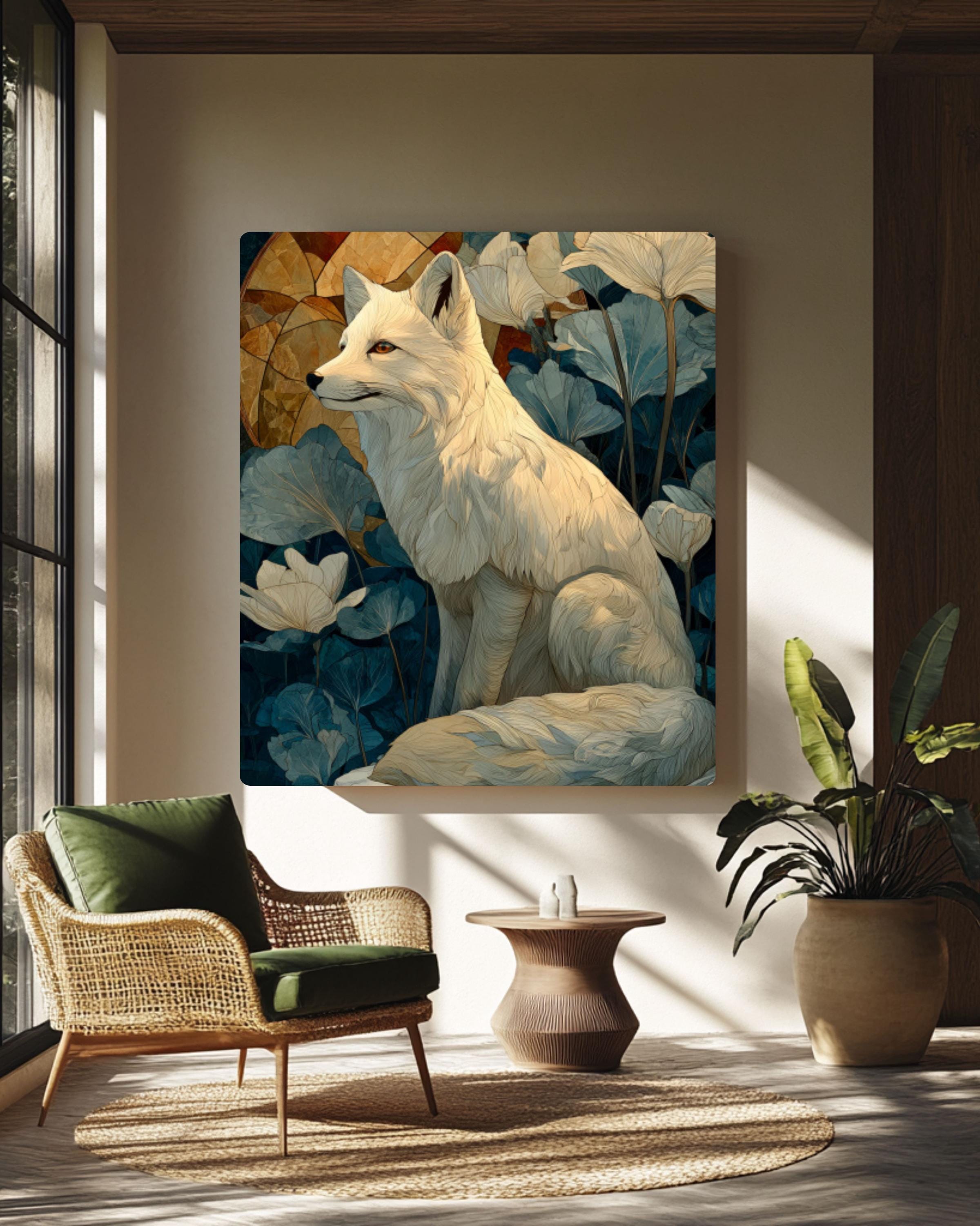 White Fox Winter Canvas Art – William Morris Style Wildlife Print