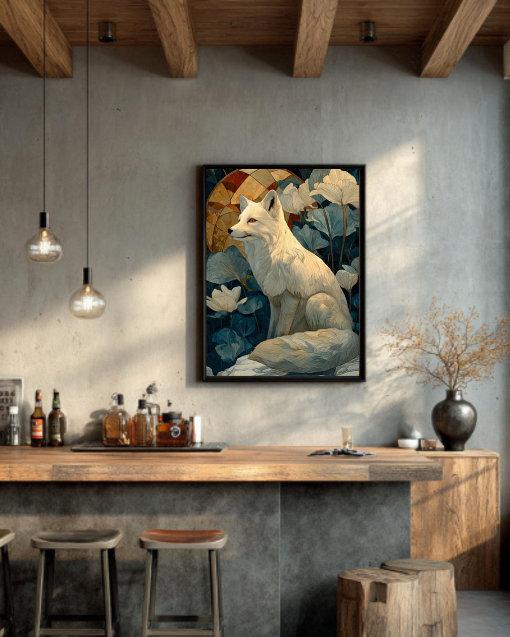White Fox Winter Canvas Art – William Morris Style Wildlife Print