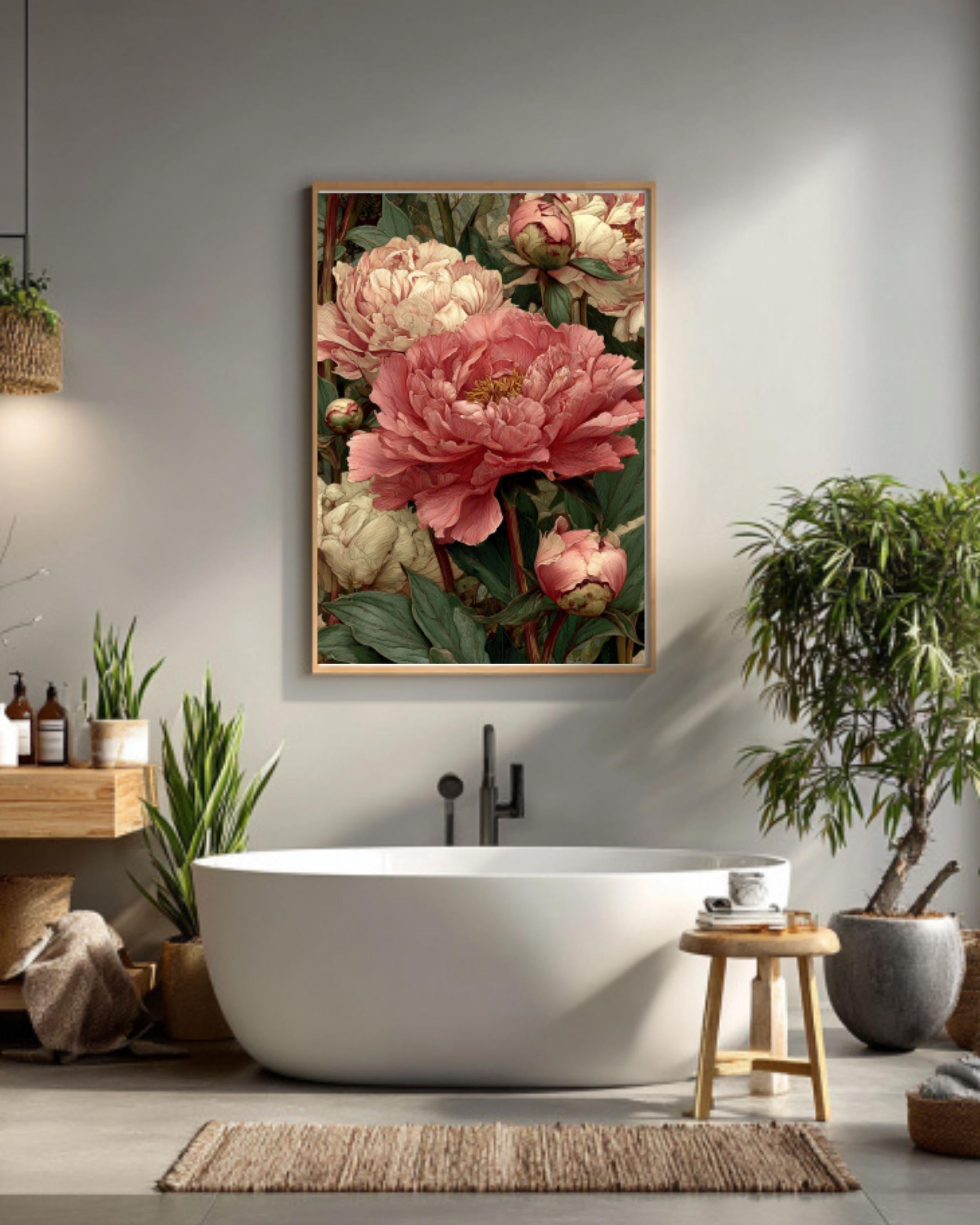 Victorian Peony Print: William Morris Style Botanical Art Canvas Wall Art – Modern Decor Print
