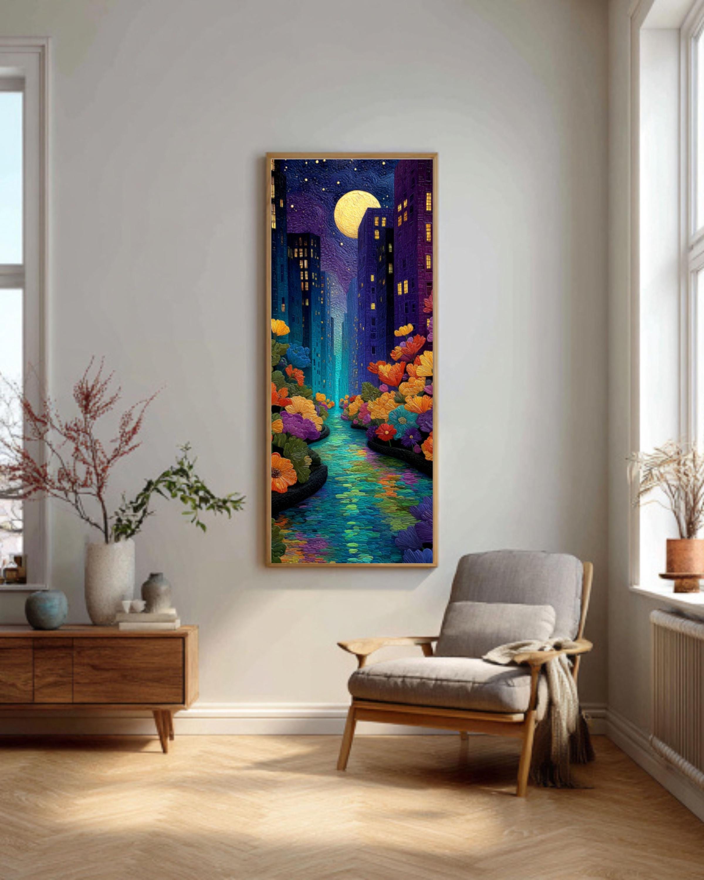 NYC Starry Night River Canvas Wall Art – Whimsical City Landscape