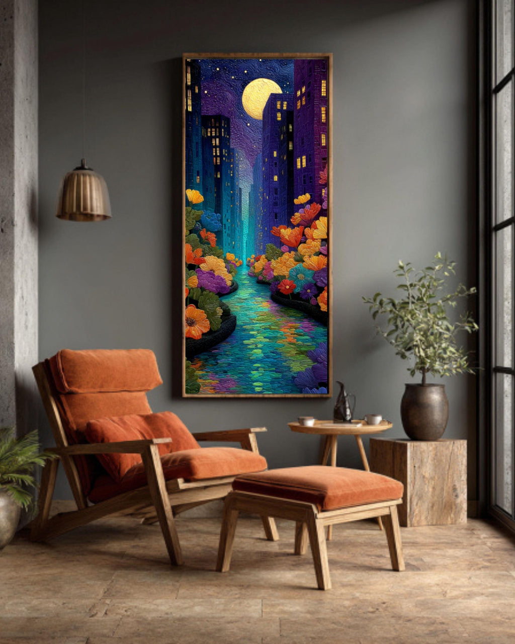 NYC Starry Night River Canvas Wall Art – Whimsical City Landscape