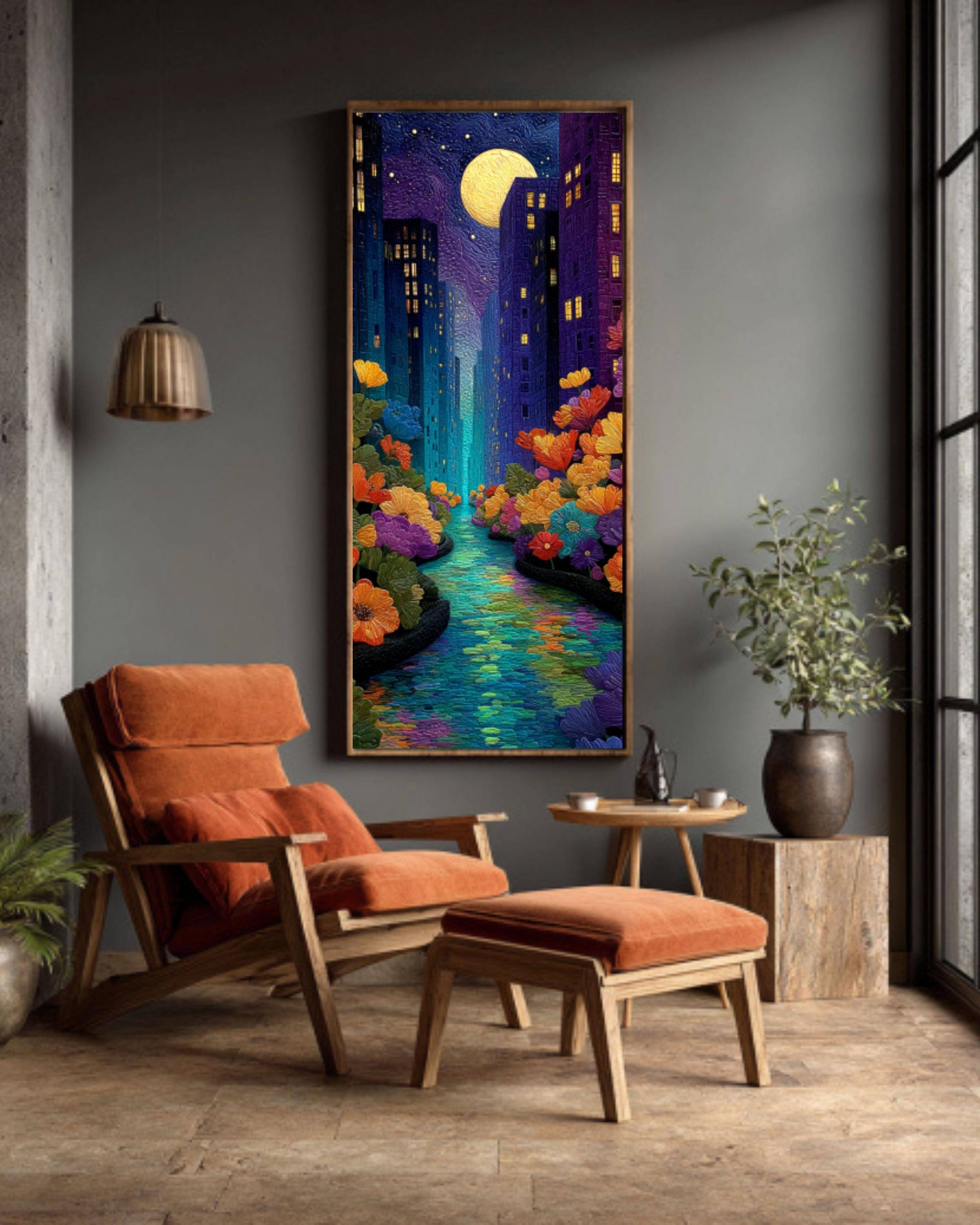 NYC Starry Night River Canvas Wall Art – Whimsical City Landscape