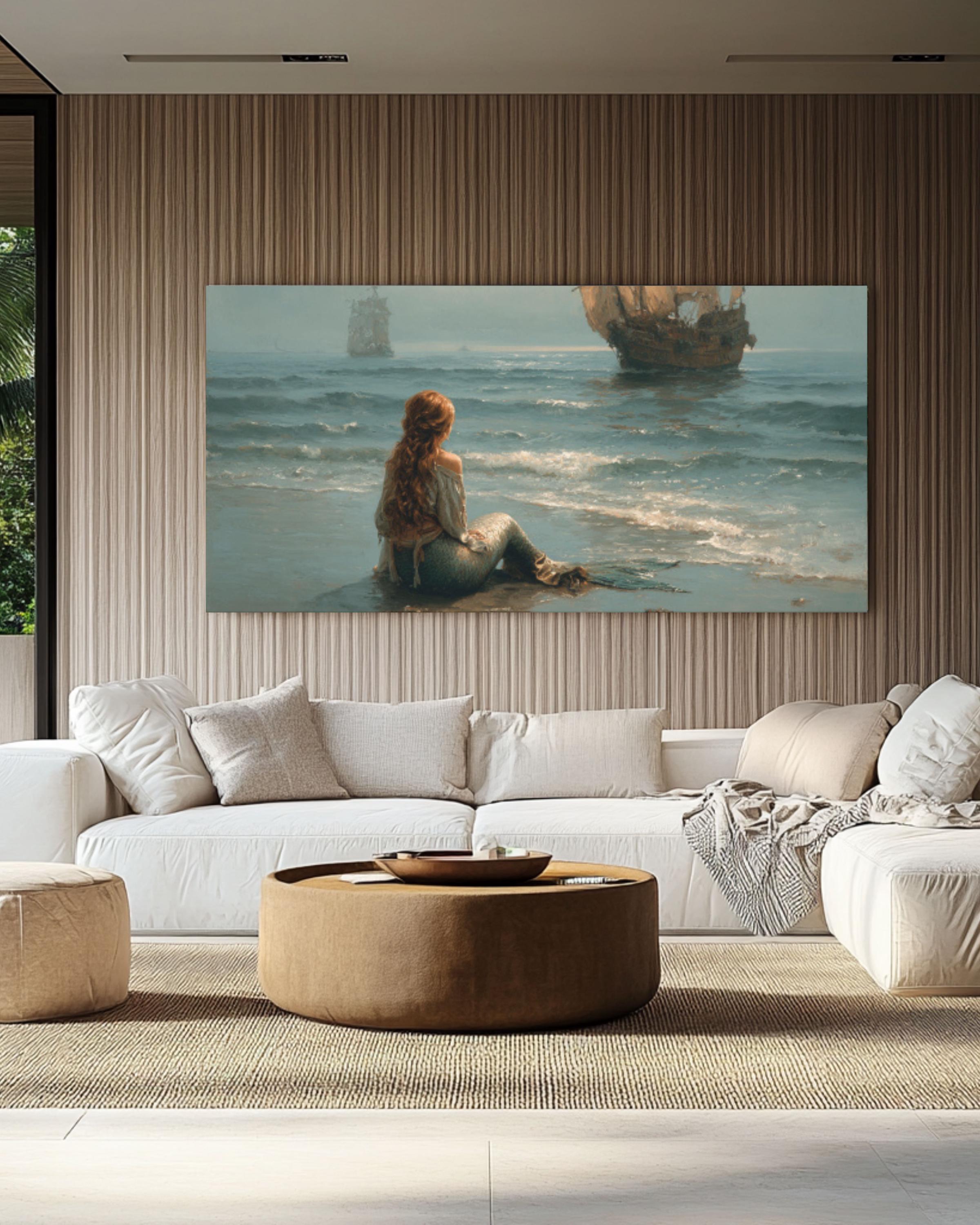 Mermaid & Medieval Ships Canvas Art – Fantasy Ocean Scene