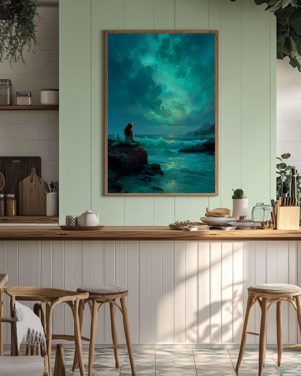 Moonlit Mermaid Fantasy Canvas Art – Emerald Ocean Scene