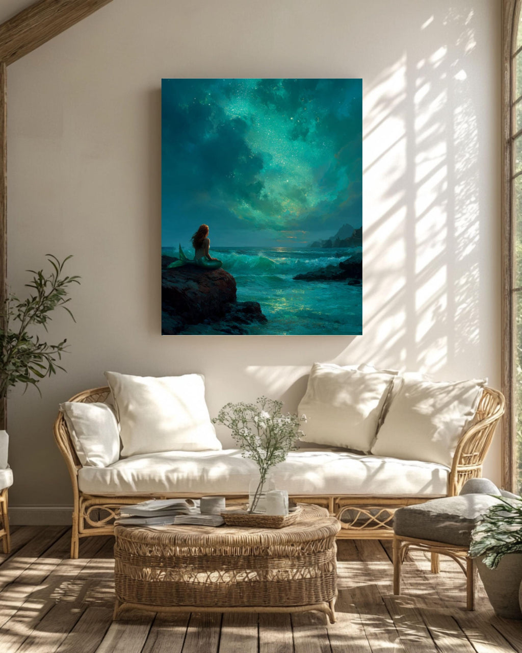 Moonlit Mermaid Fantasy Canvas Art – Emerald Ocean Scene