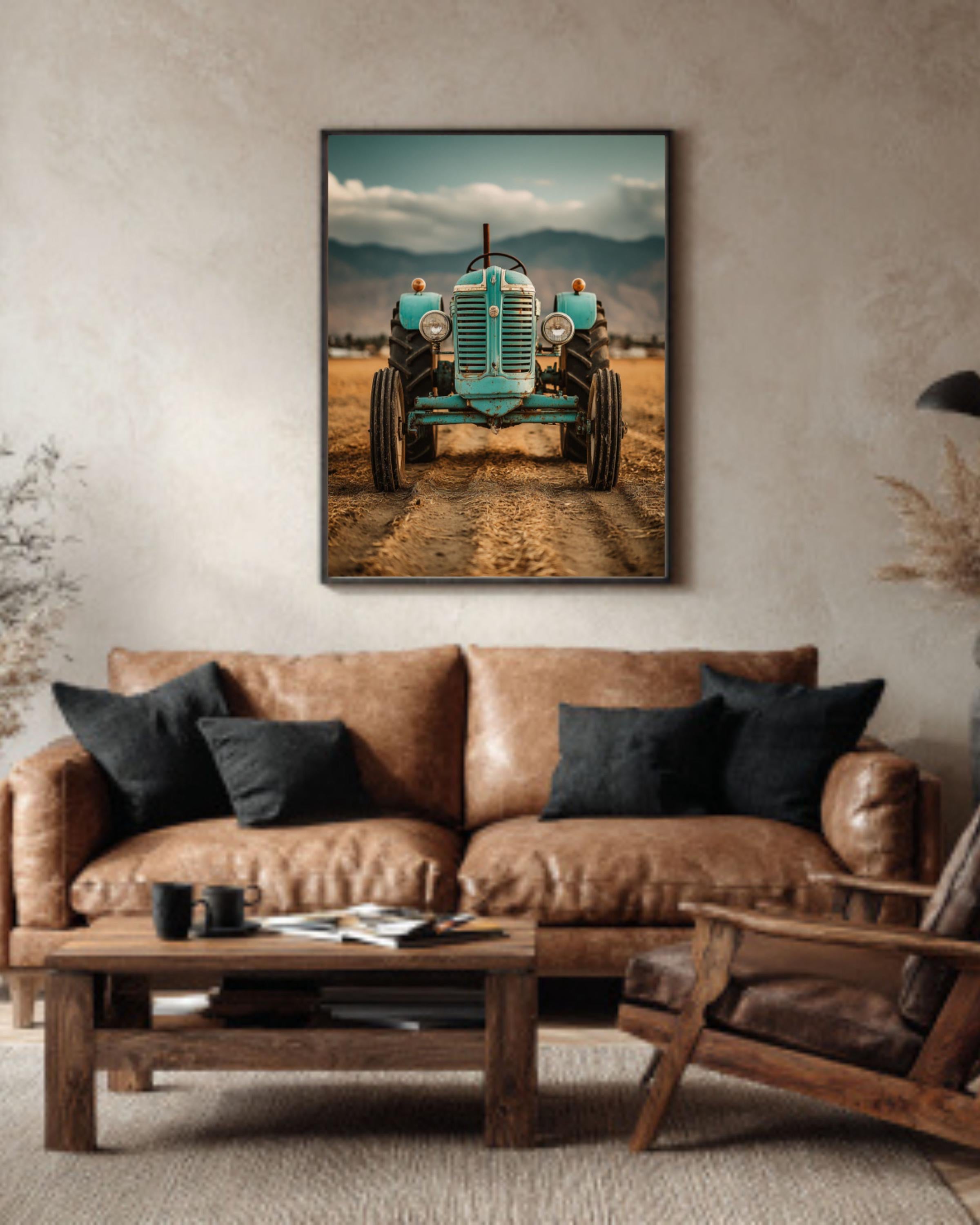 Turquoise Vintage Tractor Wall Art – Retro Farmhouse Photography Print