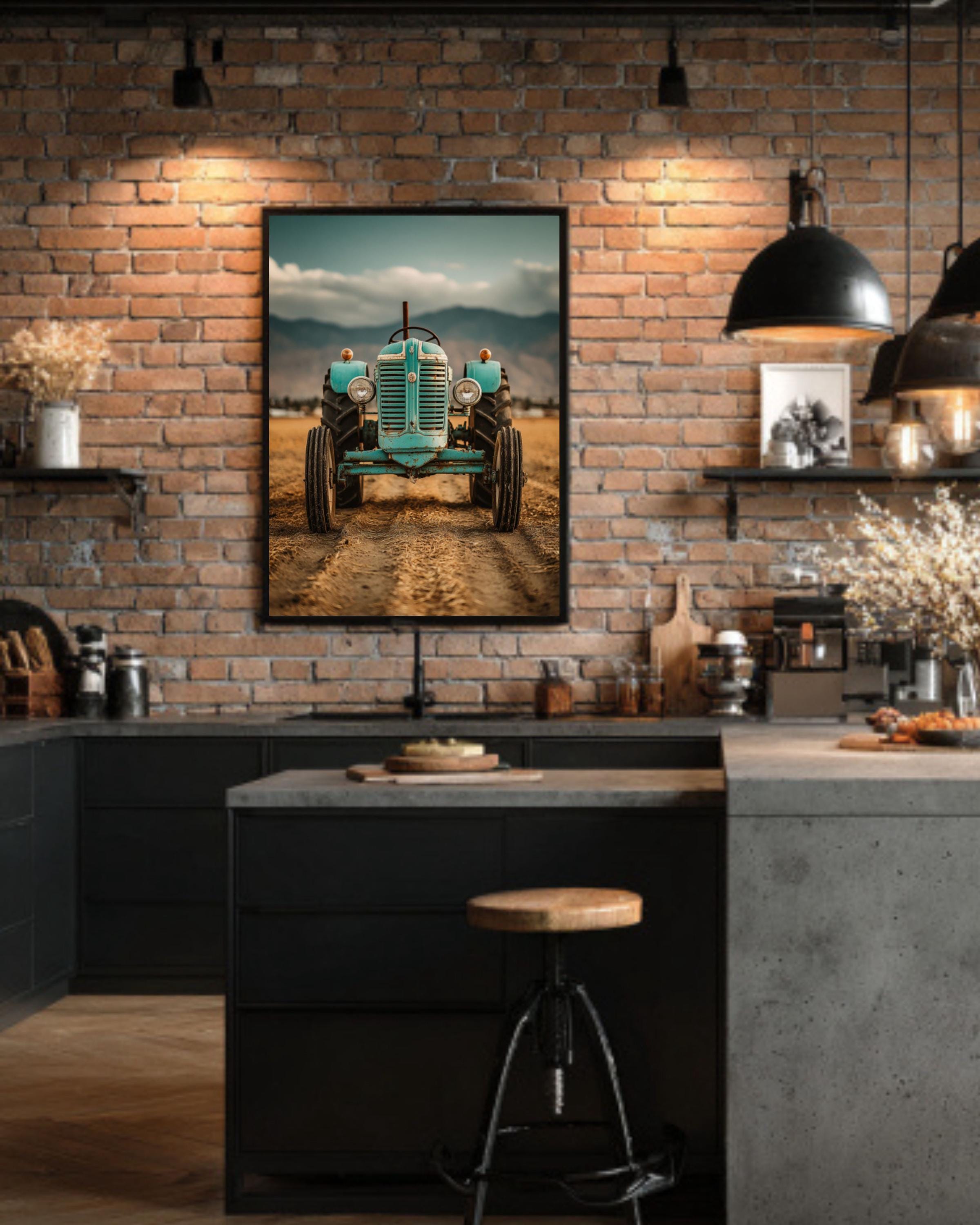 Turquoise Vintage Tractor Wall Art – Retro Farmhouse Photography Print