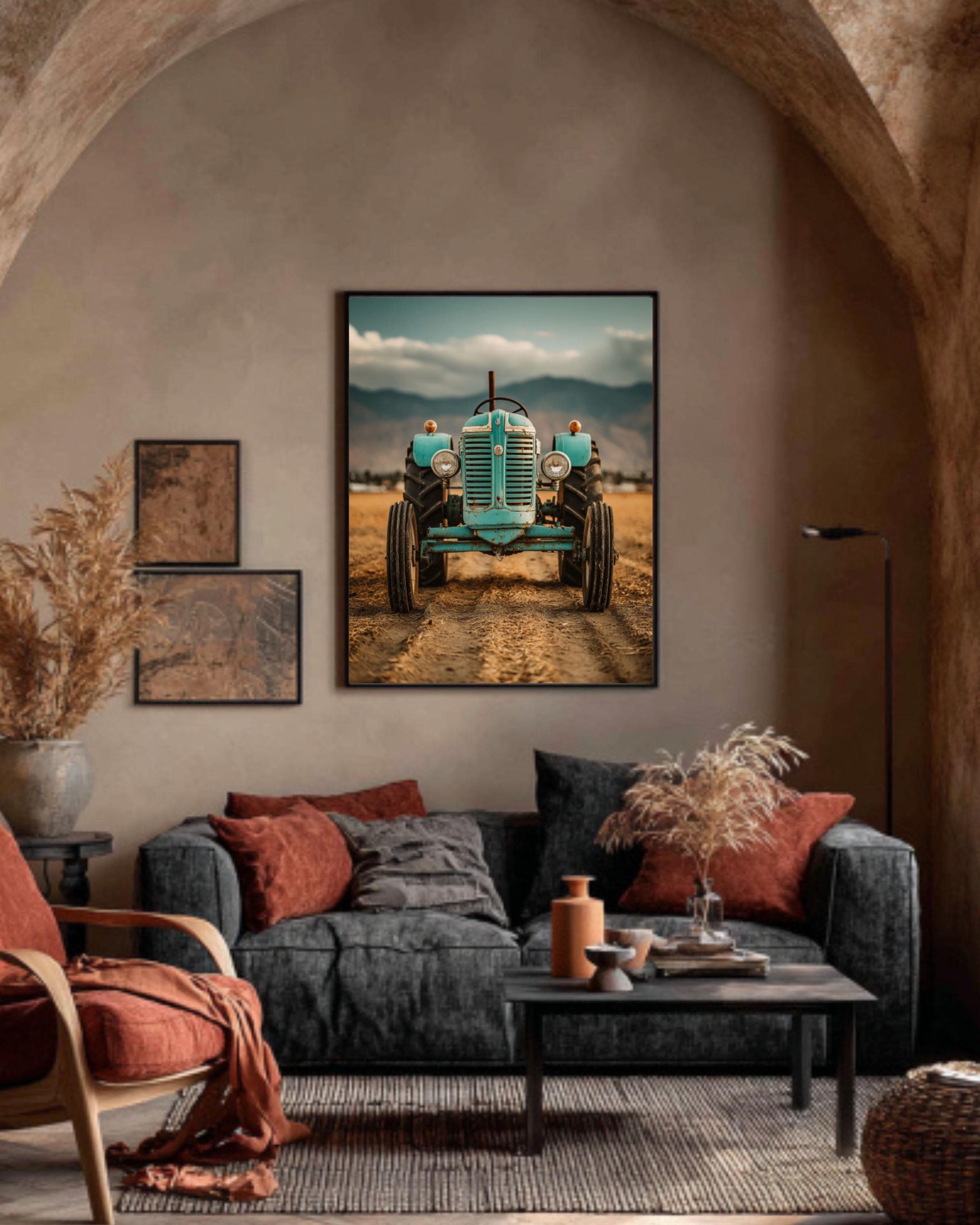 Turquoise Vintage Tractor Wall Art – Retro Farmhouse Photography Print