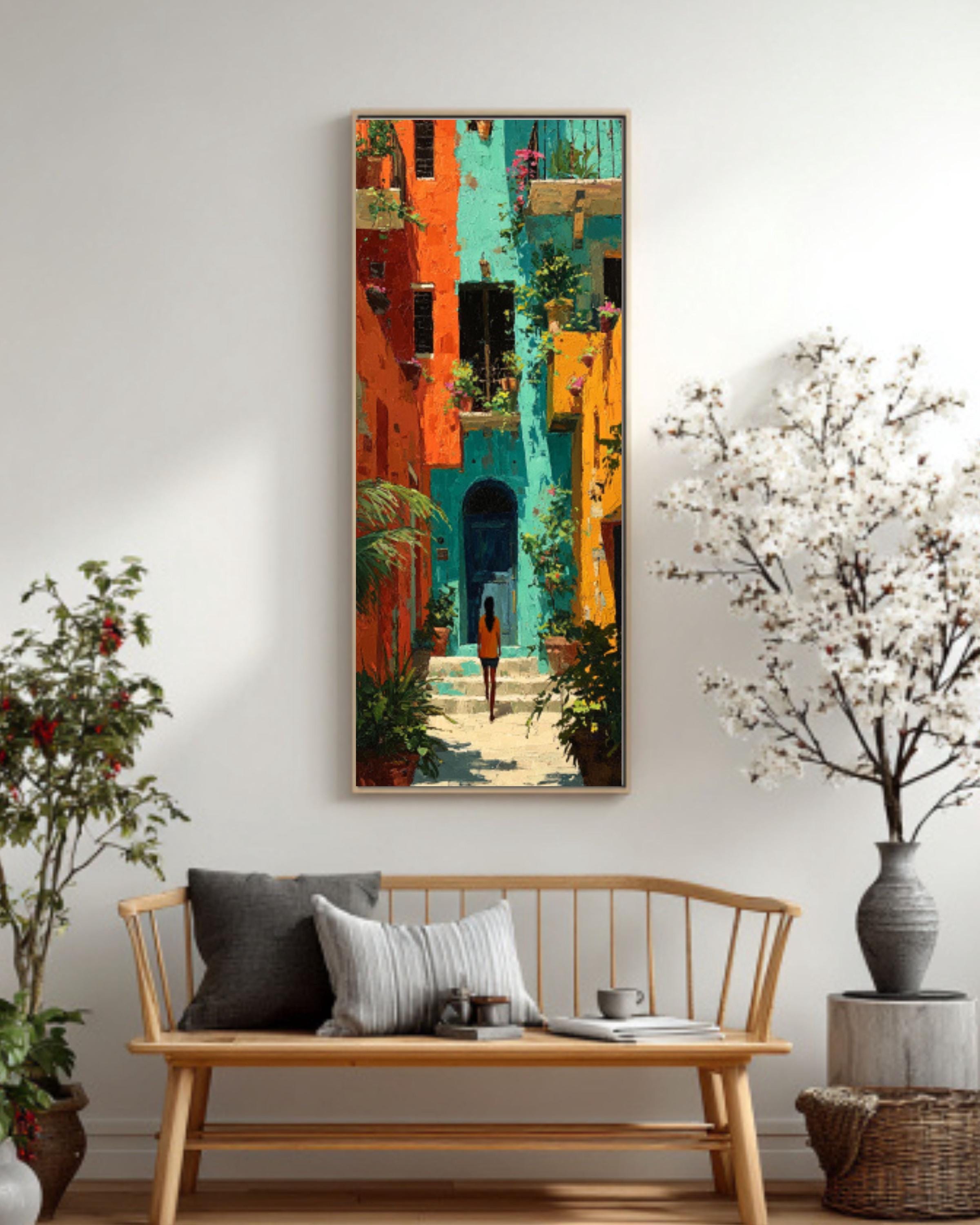 Mediterranean Courtyard Travel Wall Art – Orange & Teal European Decor Print