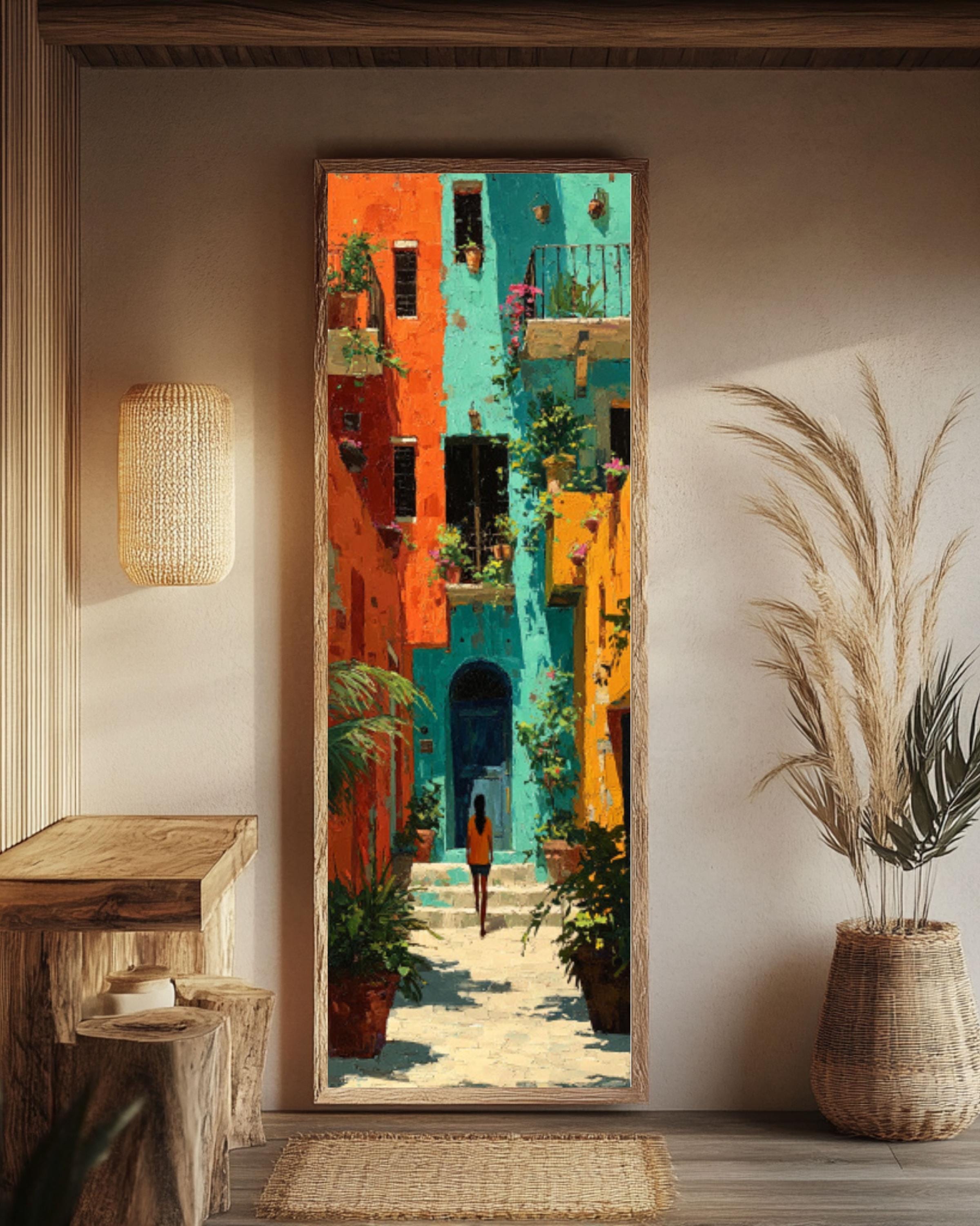 Mediterranean Courtyard Travel Wall Art – Orange & Teal European Decor Print