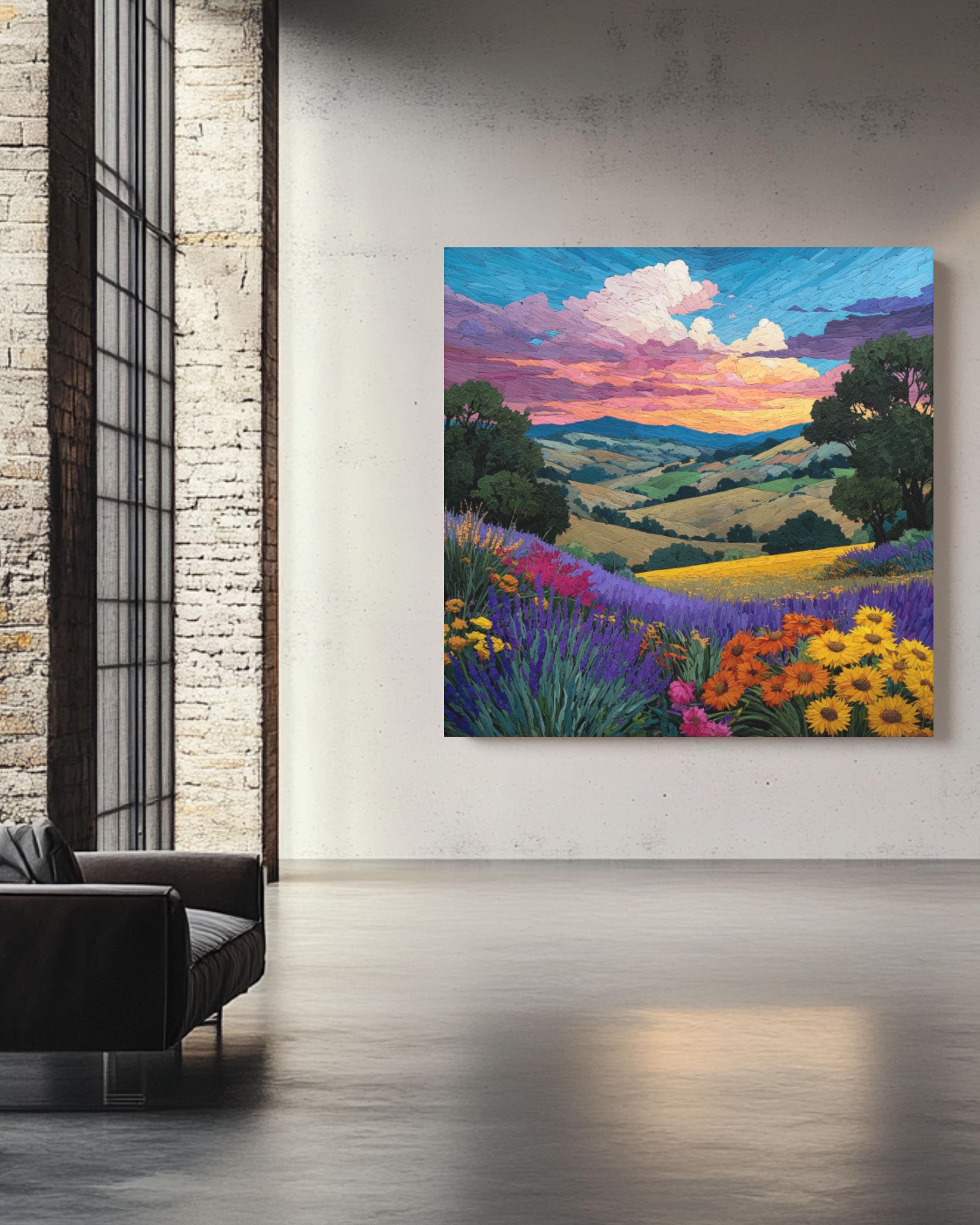 Monet-Inspired Sunset Landscape Art â€“ Wildflower & Lavender Fields Print Canvas Wall Art Print – Premium Home Decor