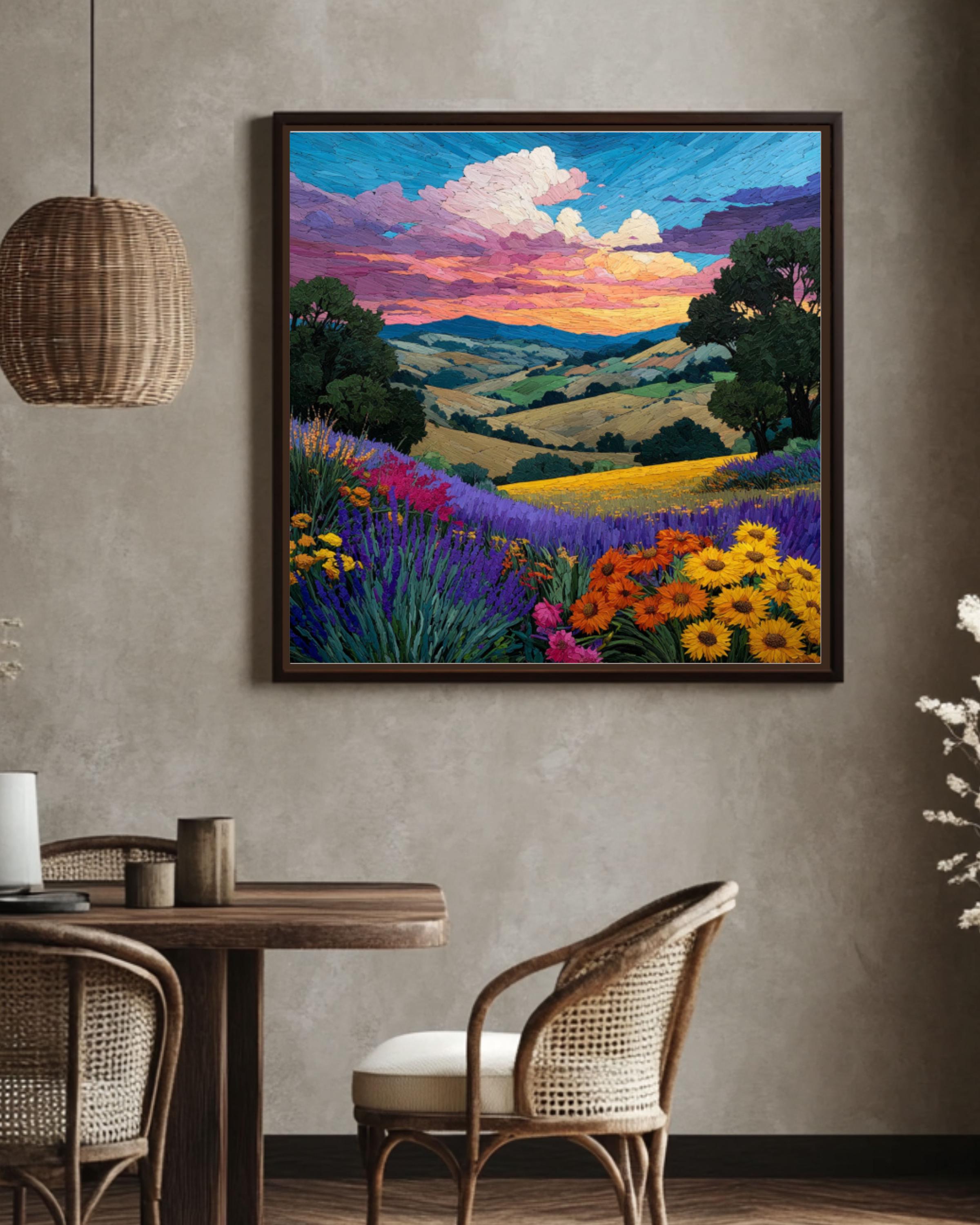 Monet-Inspired Sunset Landscape Art â€“ Wildflower & Lavender Fields Print Canvas Wall Art Print – Premium Home Decor