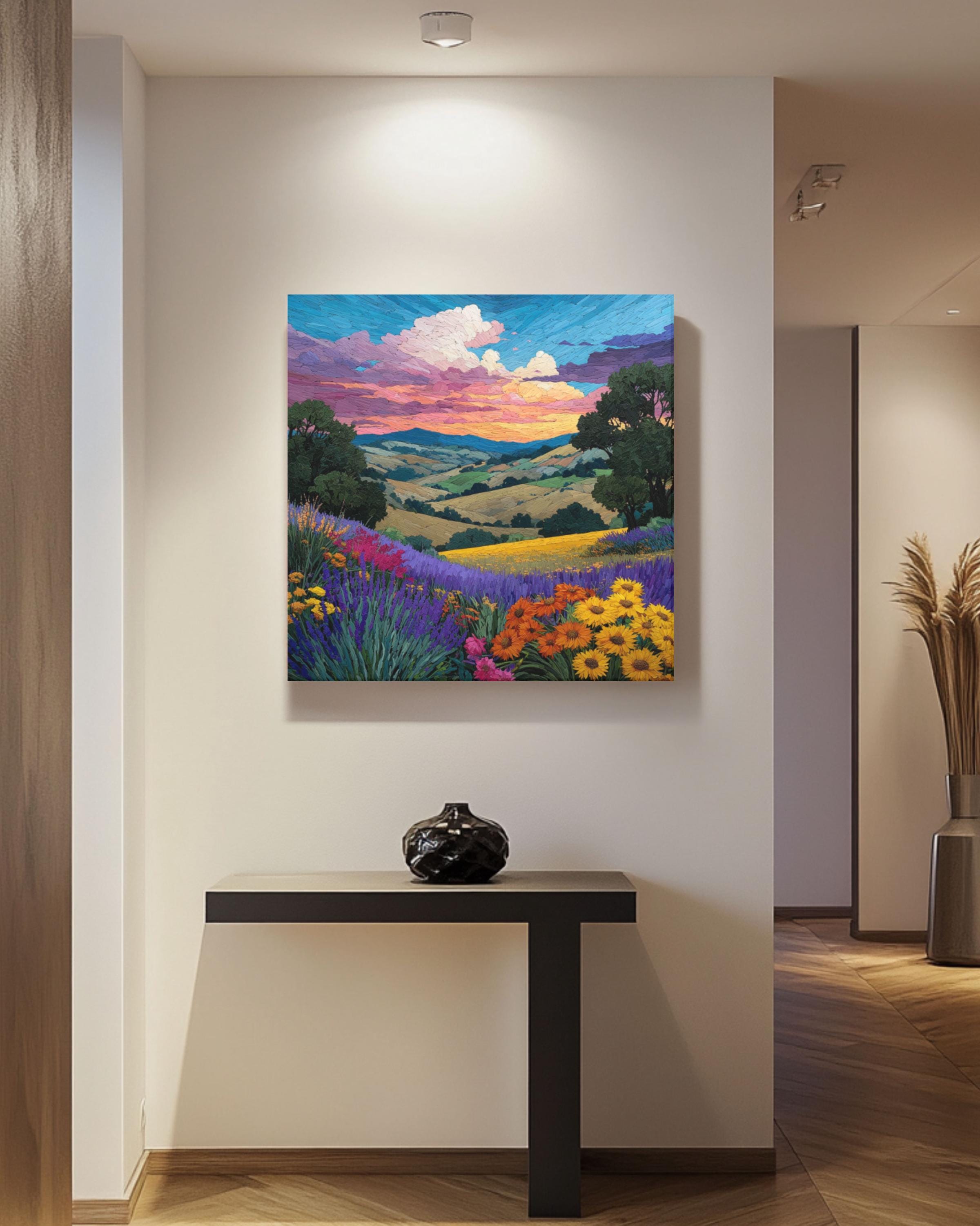 Monet-Inspired Sunset Landscape Art â€“ Wildflower & Lavender Fields Print Canvas Wall Art Print – Premium Home Decor