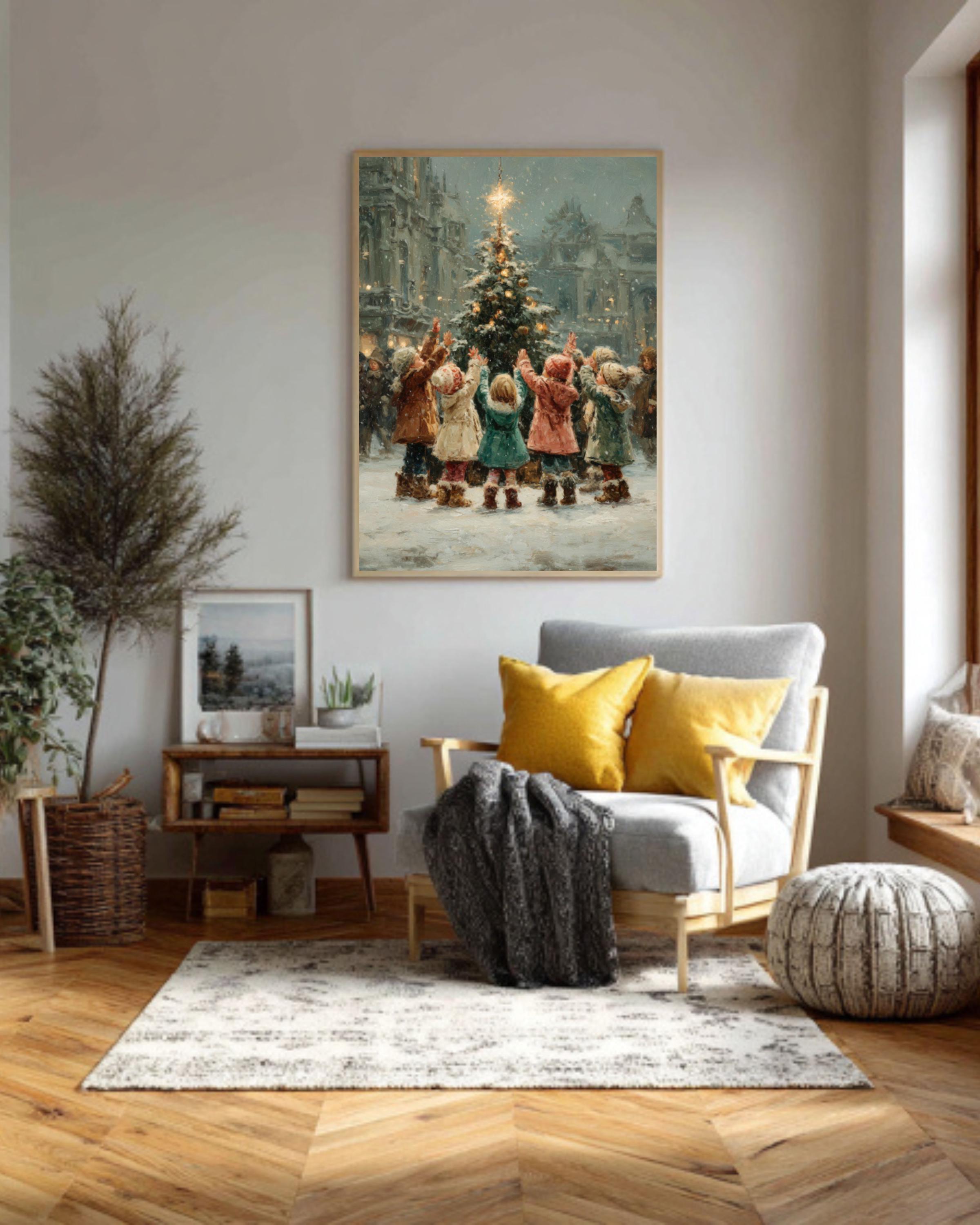 Children Lighting Tree Wall Art – Vintage Christmas Oil Painting Print