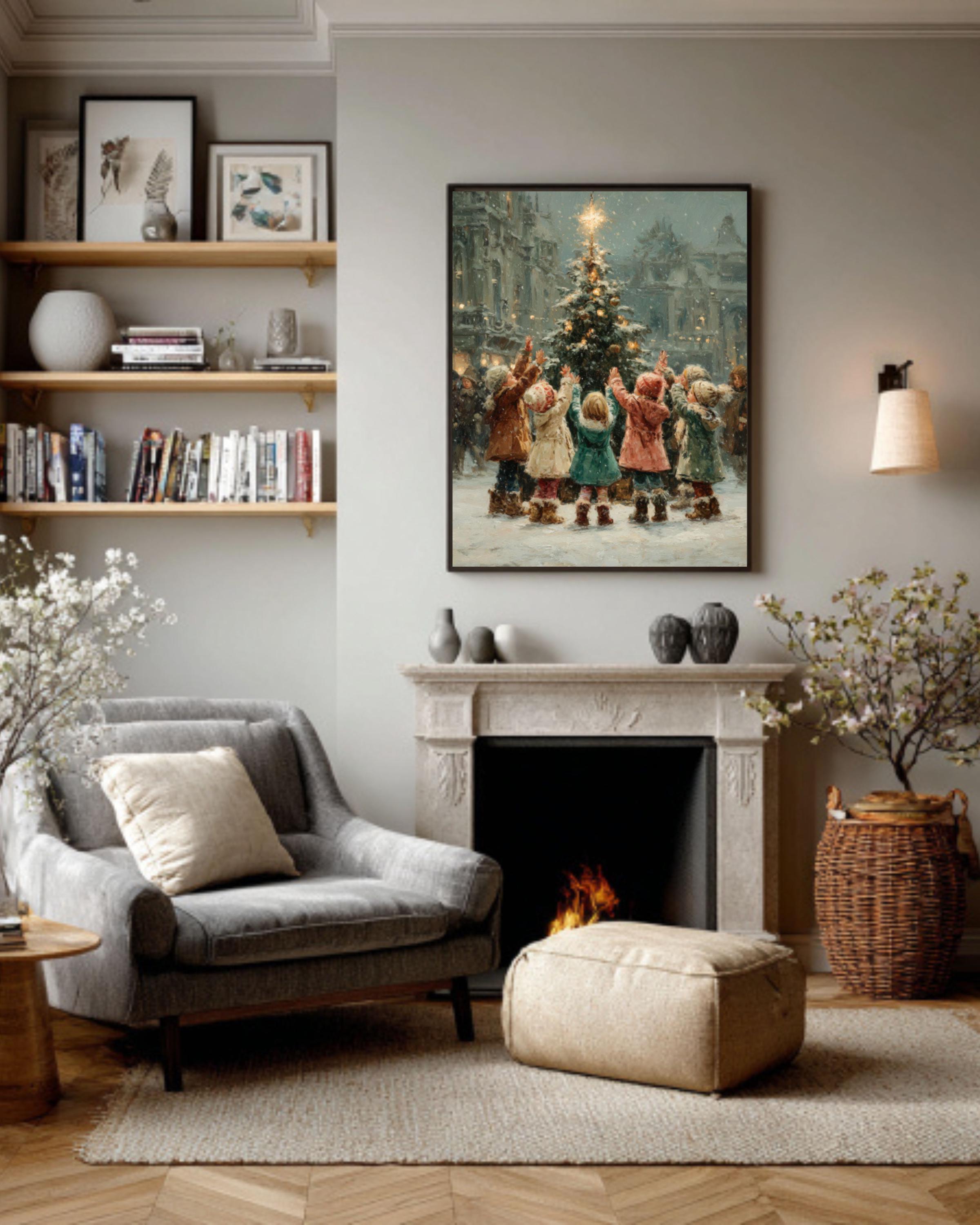 Children Lighting Tree Wall Art – Vintage Christmas Oil Painting Print