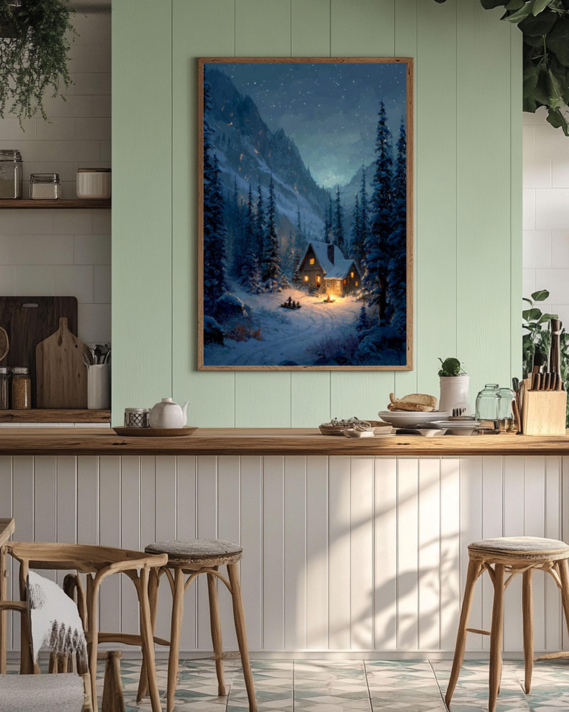 Snowy Cabin Forest Art Print â€“ Starry Alpine Scene, Rustic Fantasy Canvas Wall Art Print – Premium Home Decor