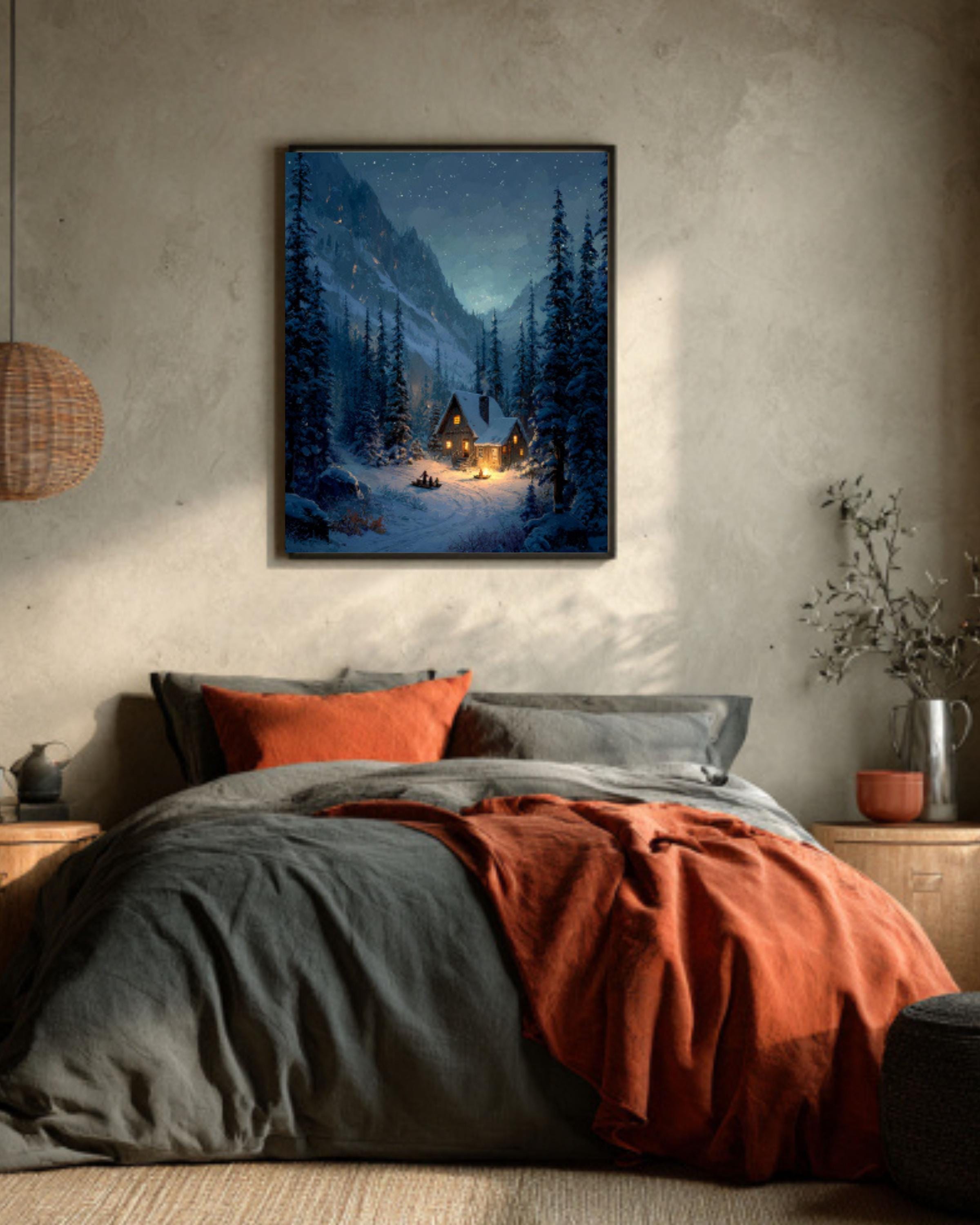Snowy Cabin Forest Art Print â€“ Starry Alpine Scene, Rustic Fantasy Canvas Wall Art Print – Premium Home Decor