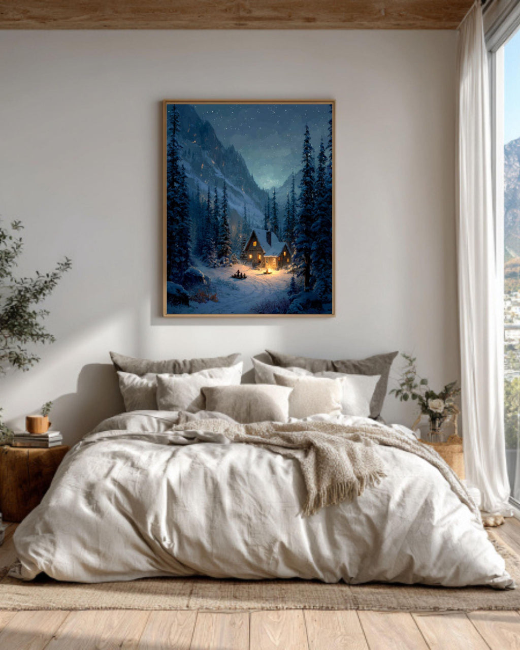 Snowy Cabin Forest Art Print â€“ Starry Alpine Scene, Rustic Fantasy Canvas Wall Art Print – Premium Home Decor
