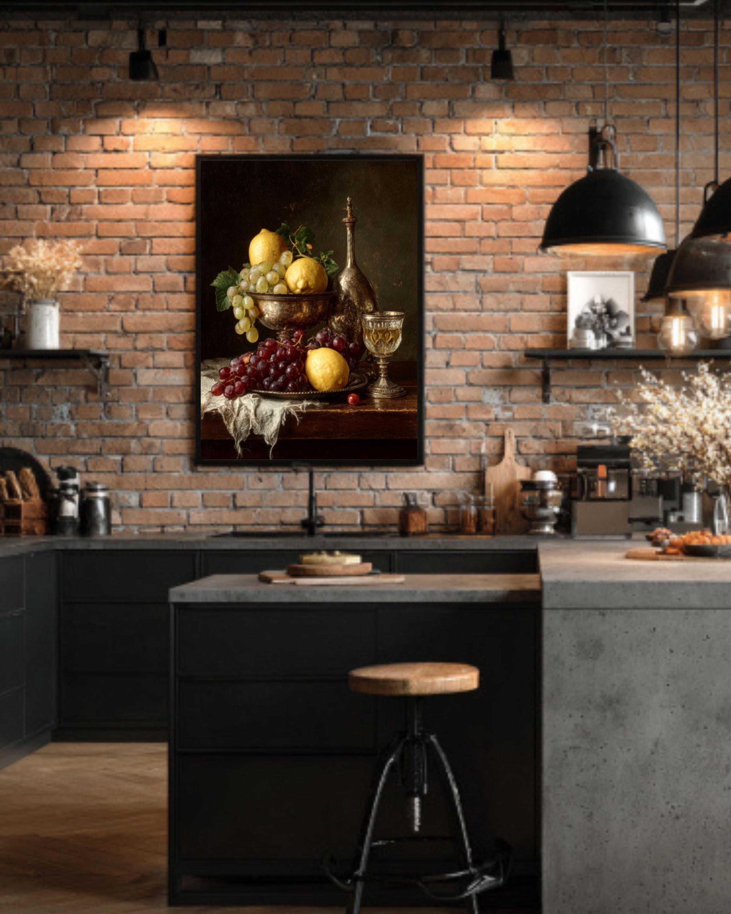 Baroque Still Life Lemon and Grapes Canvas Art – Classic Fruit Painting