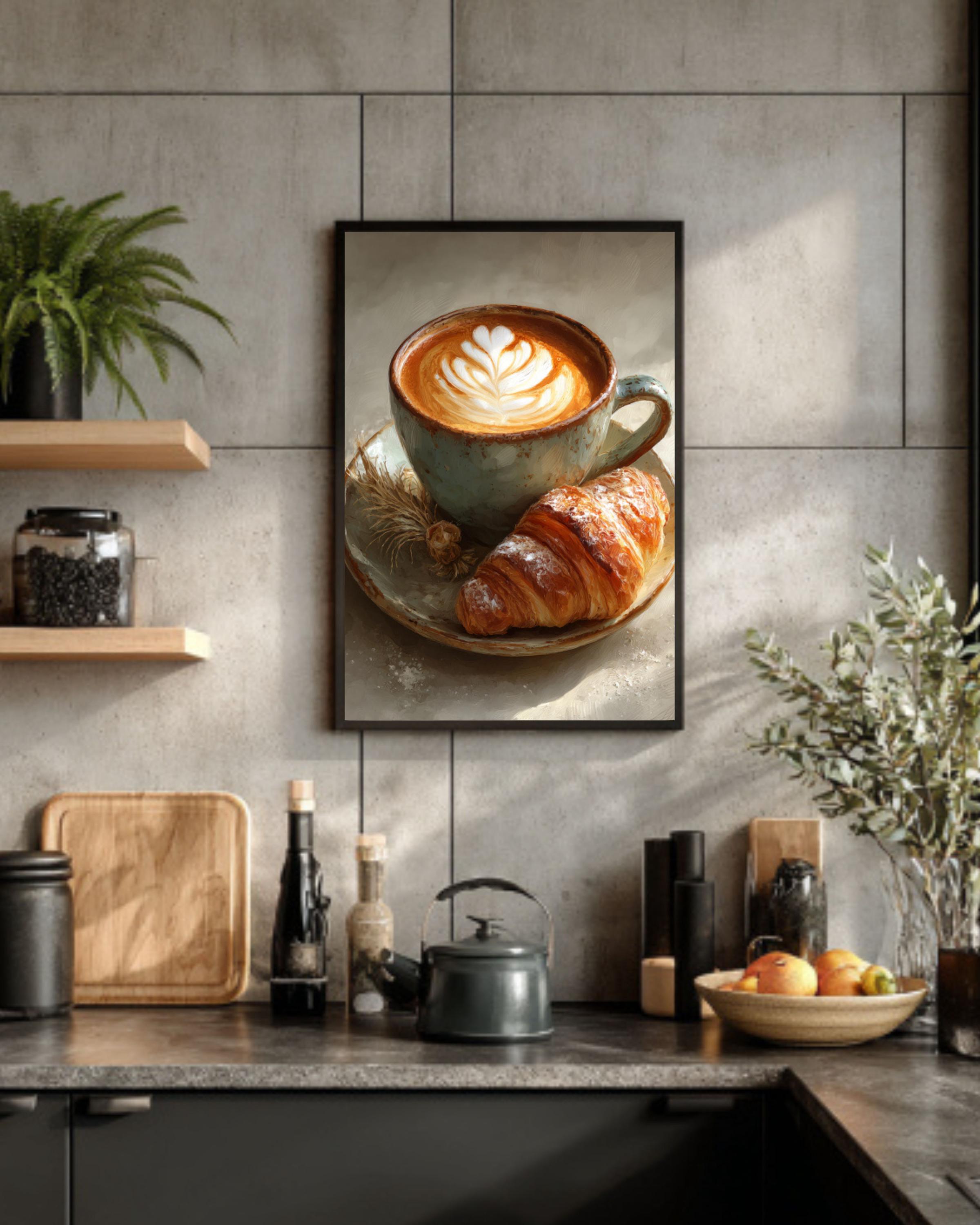 Latte Art and Croissant Wall Art – Café Style Coffee Painting