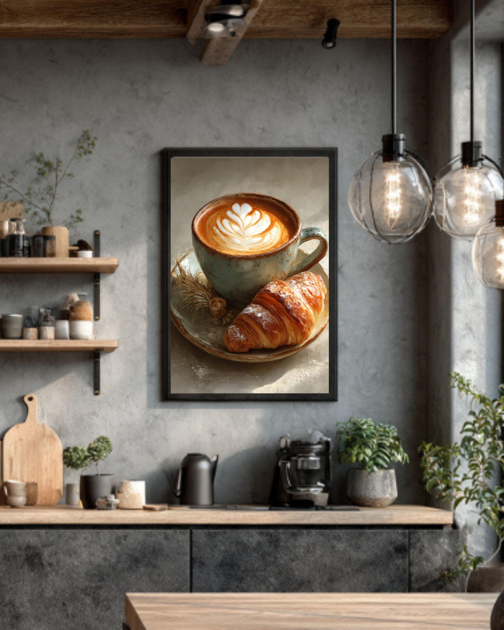 Latte Art and Croissant Wall Art – Café Style Coffee Painting