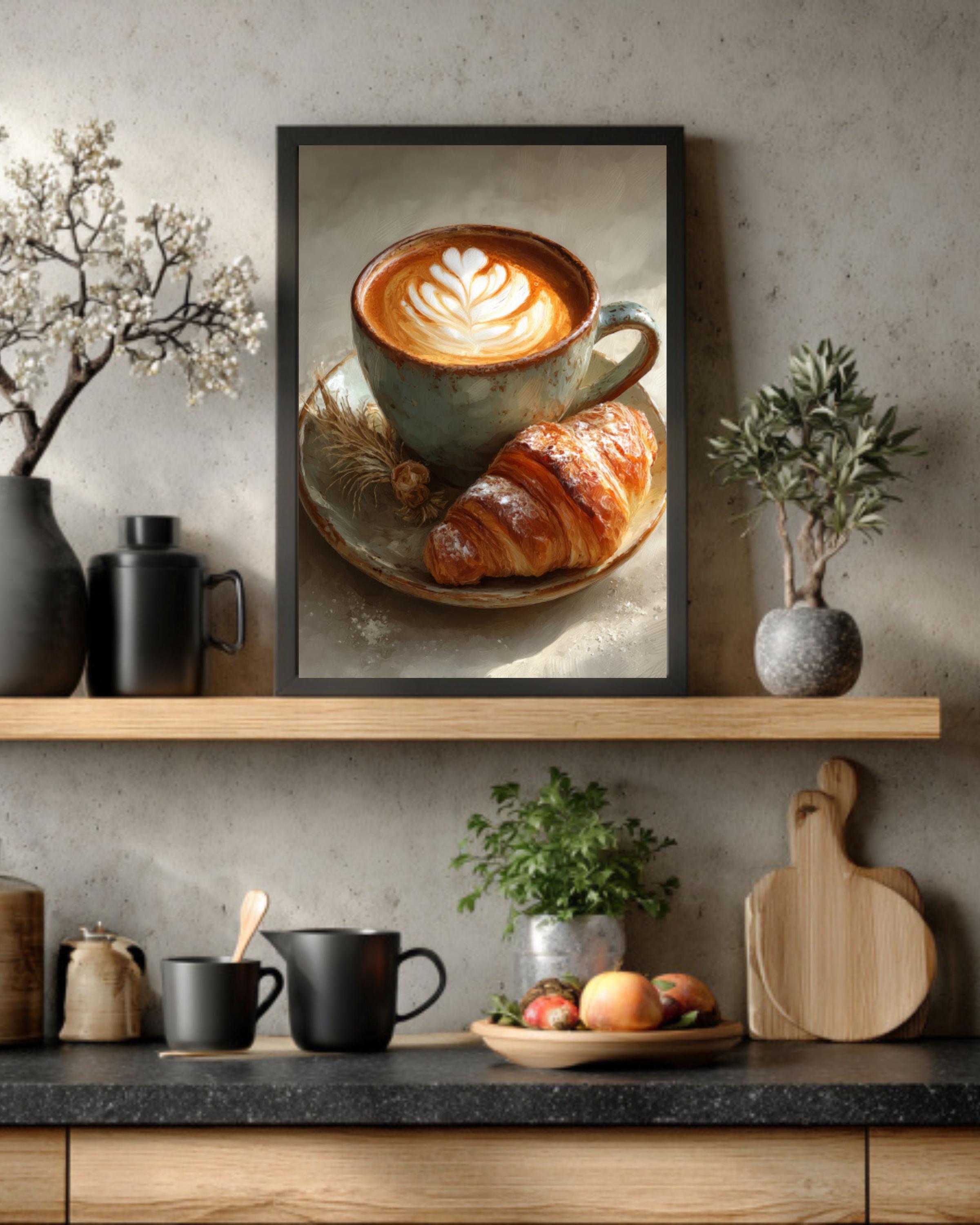Latte Art and Croissant Wall Art – Café Style Coffee Painting