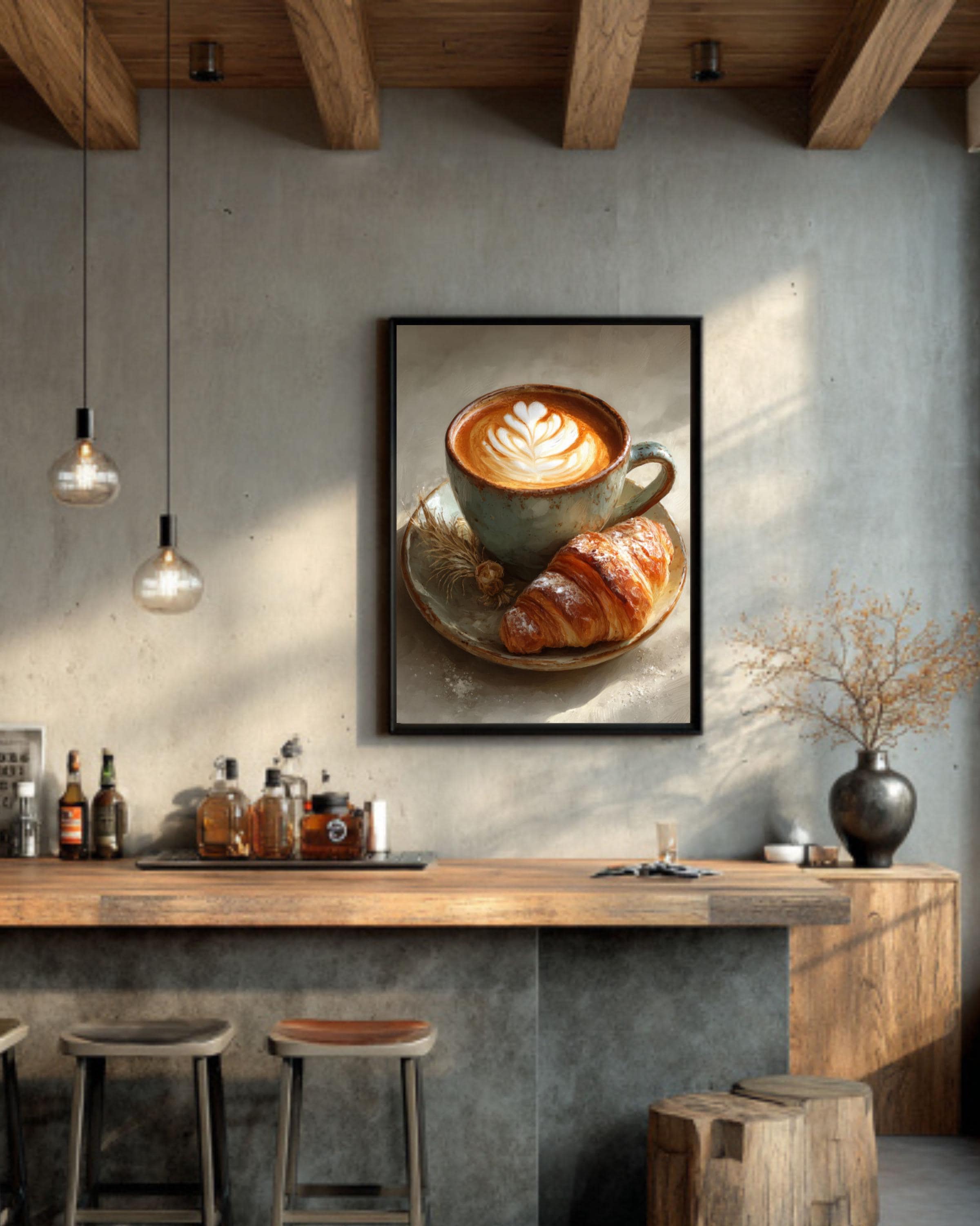 Latte Art and Croissant Wall Art – Café Style Coffee Painting