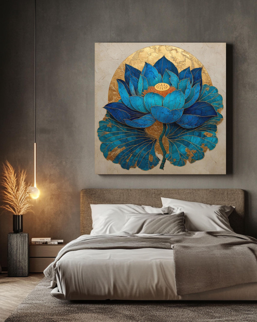 Blue Lotus Flower Art â€“ Gold Leaf Sunlit Oil Painting, Beige Background Canvas Wall Art Print – Premium Home Decor
