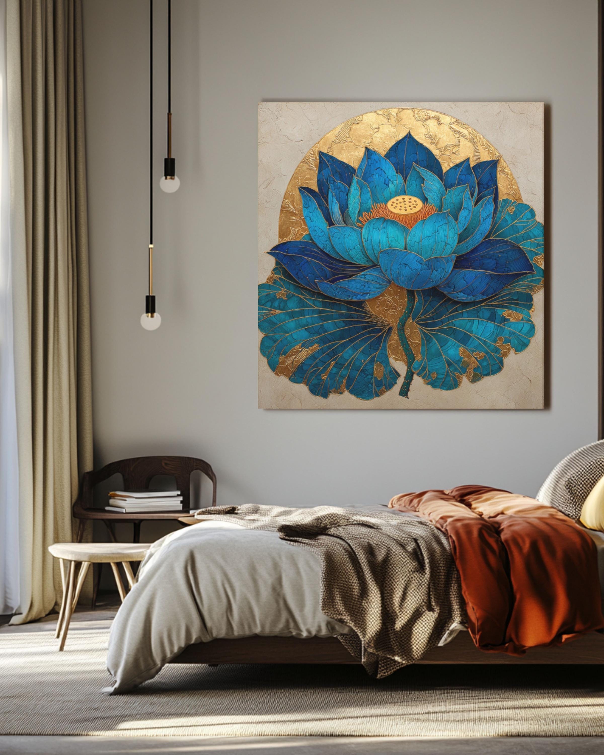 Blue Lotus Flower Art â€“ Gold Leaf Sunlit Oil Painting, Beige Background Canvas Wall Art Print – Premium Home Decor