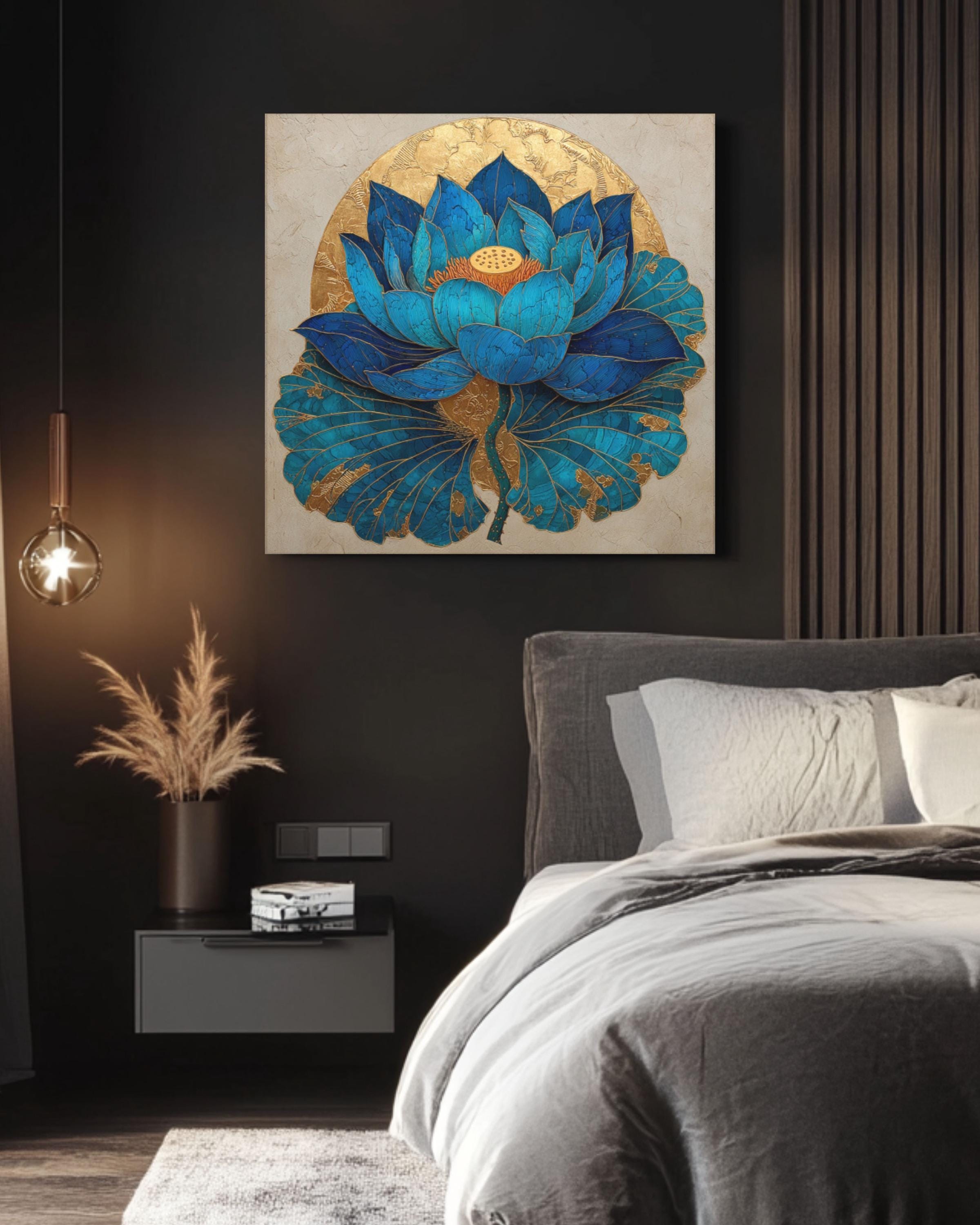 Blue Lotus Flower Art â€“ Gold Leaf Sunlit Oil Painting, Beige Background Canvas Wall Art Print – Premium Home Decor