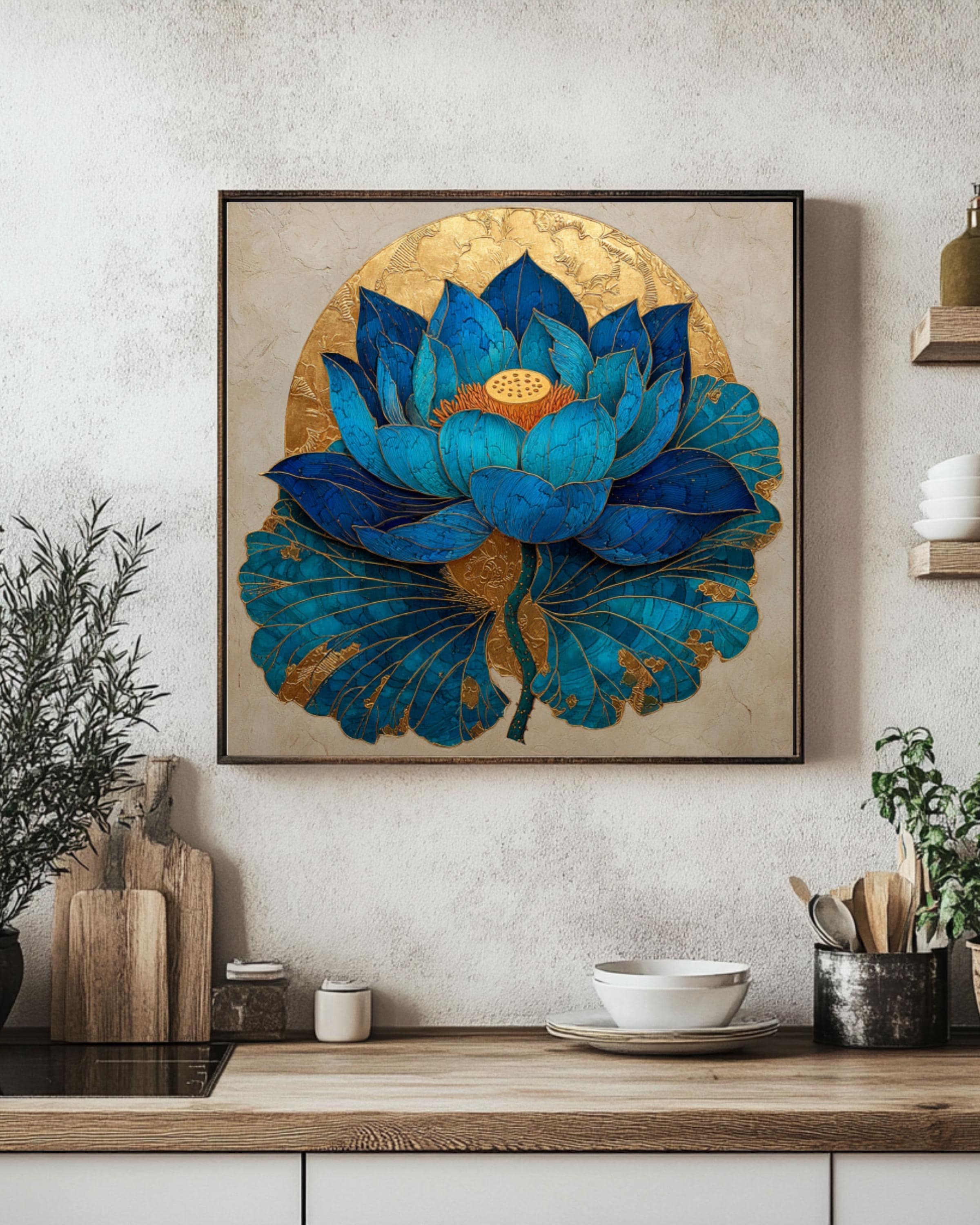 Blue Lotus Flower Art â€“ Gold Leaf Sunlit Oil Painting, Beige Background Canvas Wall Art Print – Premium Home Decor