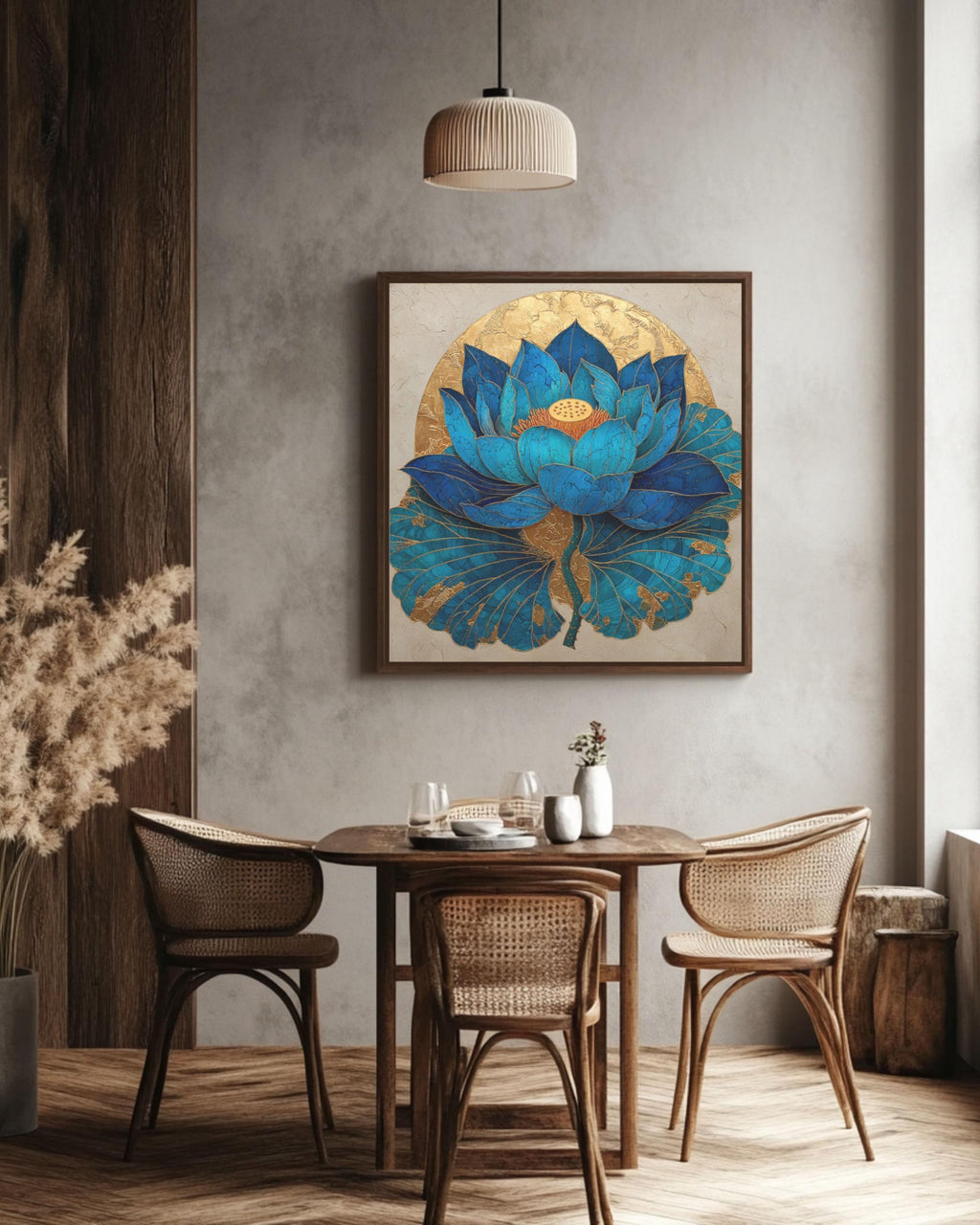 Blue Lotus Flower Art â€“ Gold Leaf Sunlit Oil Painting, Beige Background Canvas Wall Art Print – Premium Home Decor